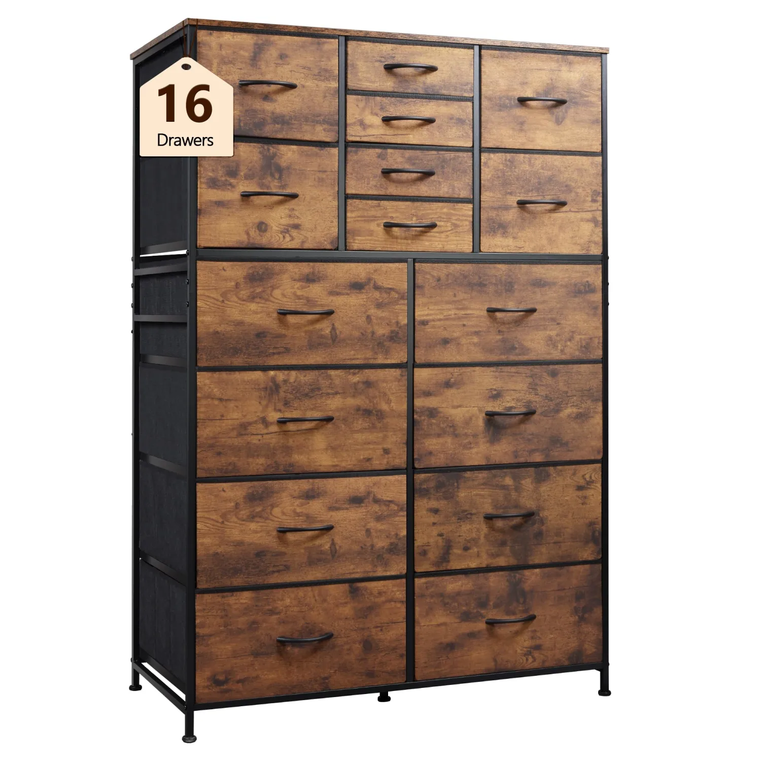 WLIVE Tall Dresser for Bedroom, Fabric Dresser Storage Tower with 16 Drawers, Chest of Drawers Organizer Unit, Storage Cabinet, Hallway, Closets, Steel Frame, Rustic Brown Wood Grain Print