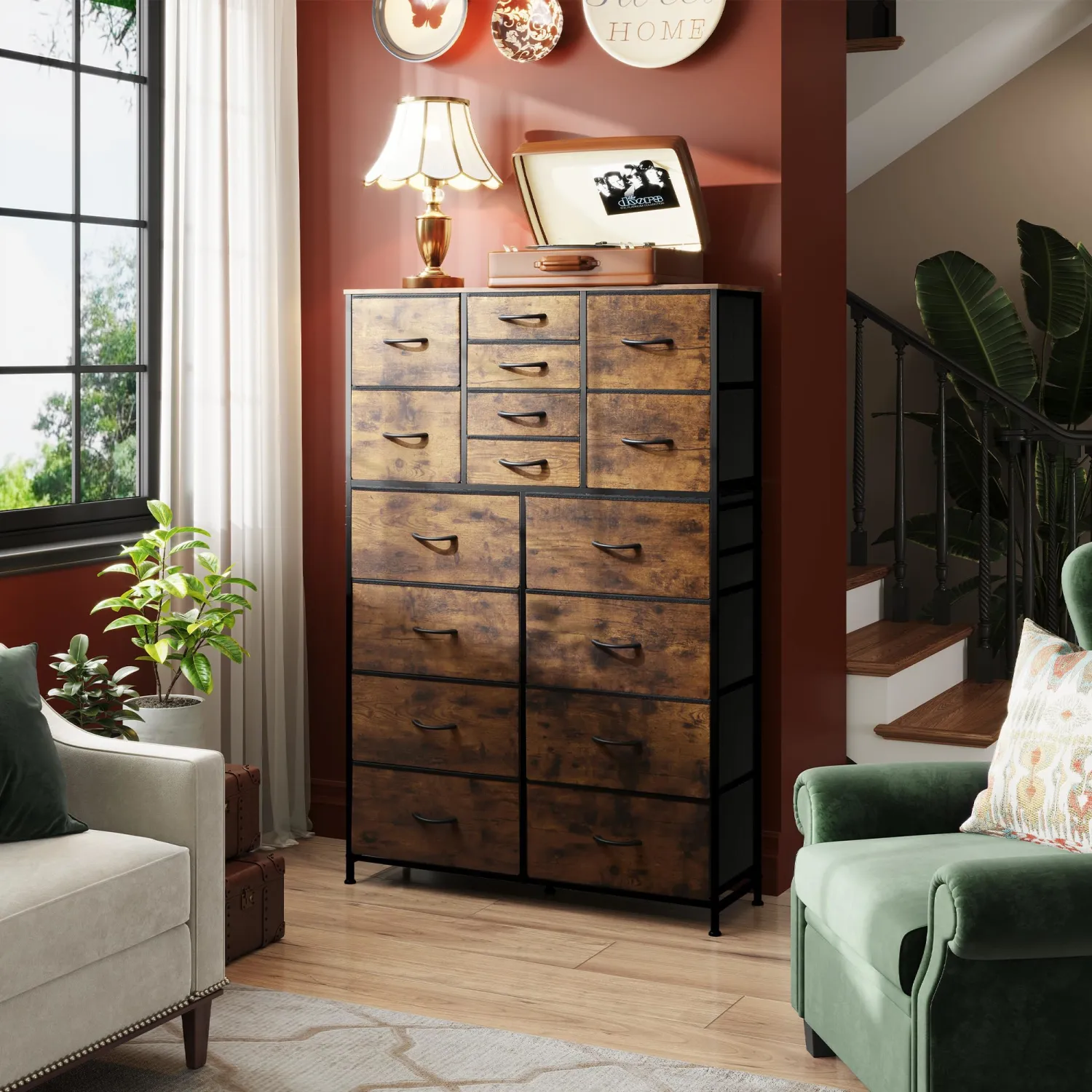 WLIVE Tall Dresser for Bedroom, Fabric Dresser Storage Tower with 16 Drawers, Chest of Drawers Organizer Unit, Storage Cabinet, Hallway, Closets, Steel Frame, Rustic Brown Wood Grain Print