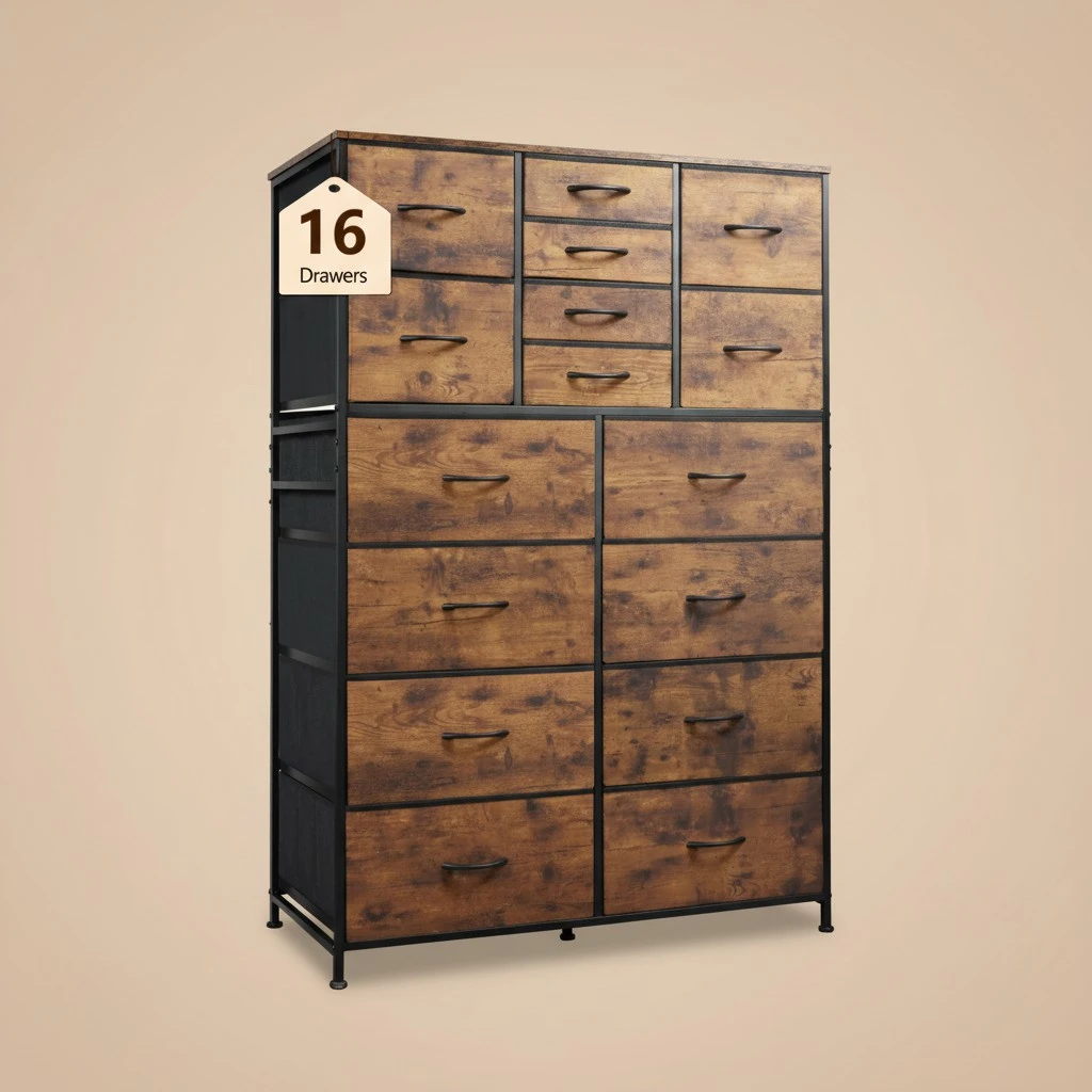 WLIVE Tall Dresser for Bedroom, Fabric Dresser Storage Tower with 16 Drawers, Chest of Drawers Organizer Unit, Storage Cabinet, Hallway, Closets, Steel Frame, Rustic Brown Wood Grain Print