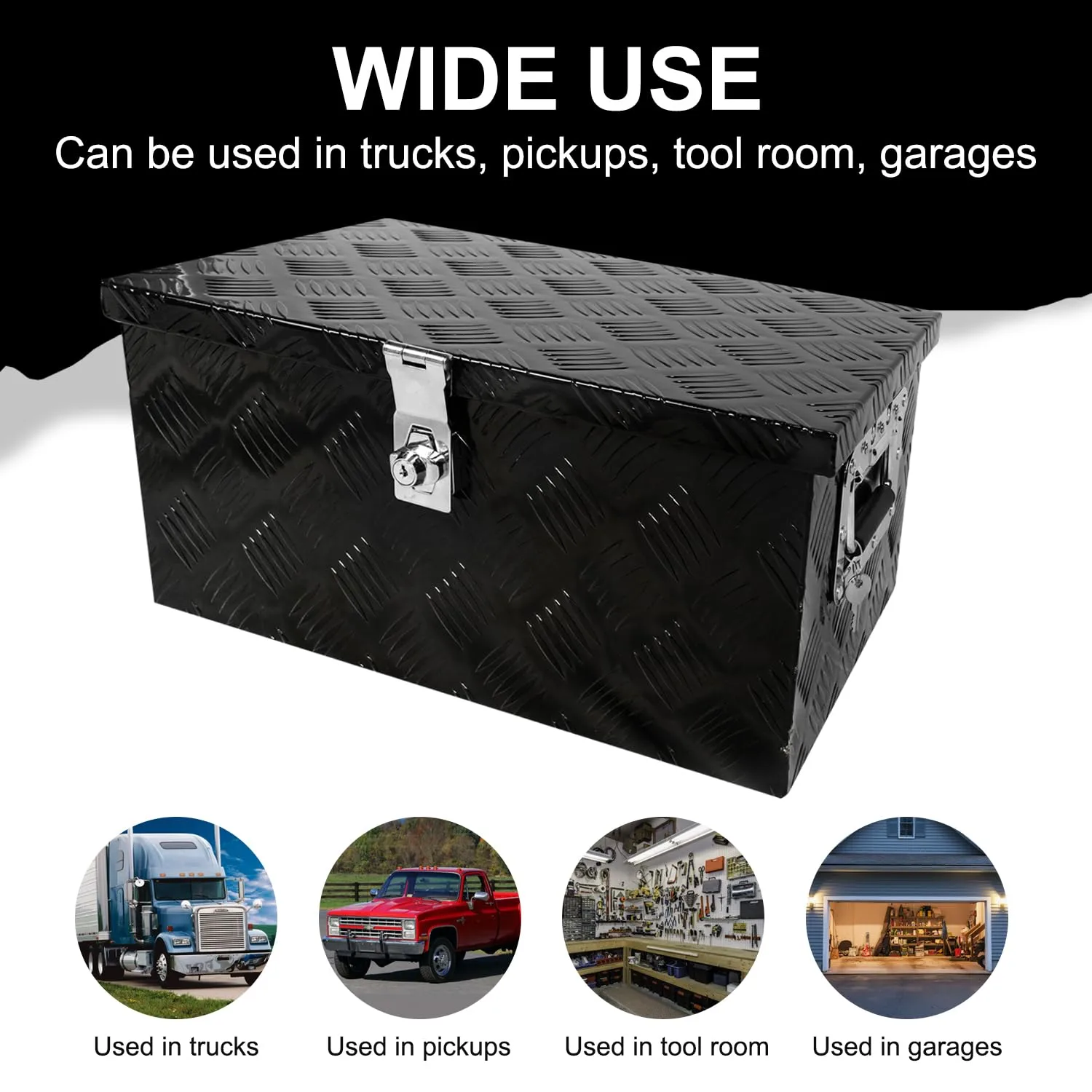 20 Inch Heavy Duty Aluminum Diamond Plate Tool Box Chest Box Pick Up Truck Bed RV Trailer Toolbox Storage with Side Handle, Lock and 2 Keys (Black, 20")