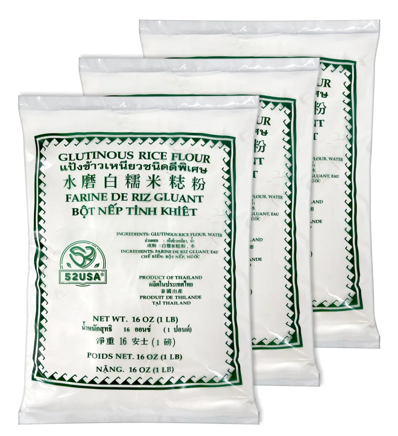 52USA Glutinous Rice Flour 48 Ounce (Basic), 1 Pound (Pack of 3), Rice Flour for Baking or Cooking, Product of THAILAND, All Natural White Rice Flour, Vegan