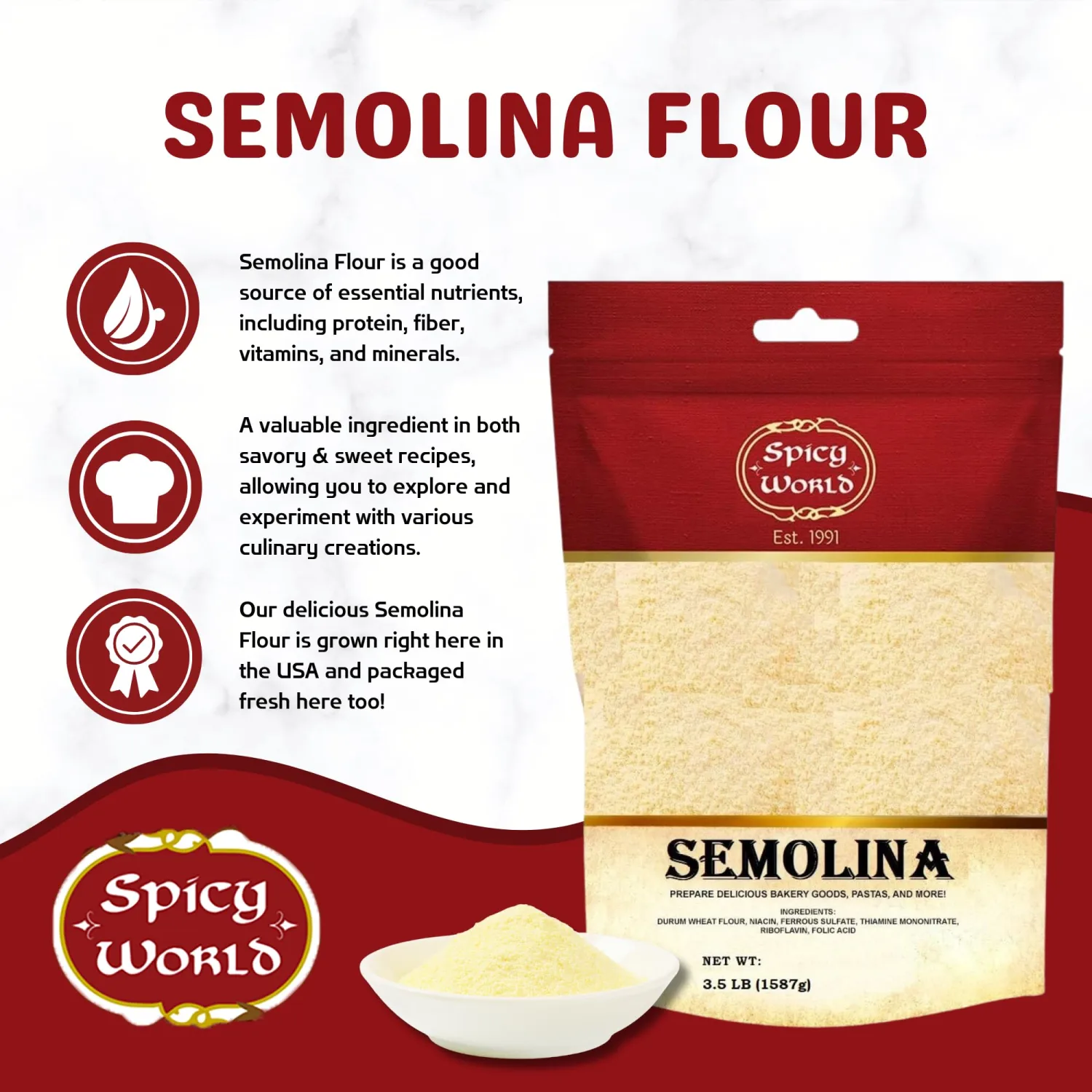 Spicy World Semolina Flour 3.5 LB | USA Grown Semolina Flour for Pizza, Fine Semolina Flour for Pasta, and Bread Making | Fine Ground, Bulk Yellow Durum Semola Flour for Pizza Peel