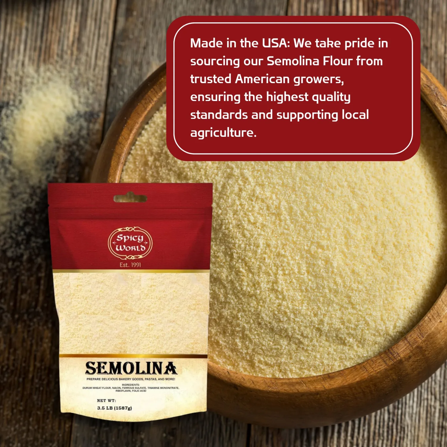 Spicy World Semolina Flour 3.5 LB | USA Grown Semolina Flour for Pizza, Fine Semolina Flour for Pasta, and Bread Making | Fine Ground, Bulk Yellow Durum Semola Flour for Pizza Peel