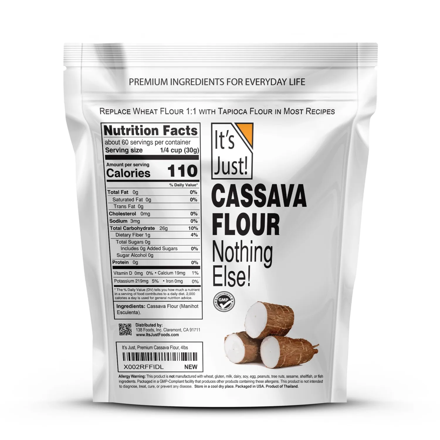 It's Just - Cassava Flour, 4lb, Made from Real Yucca Root, Non-GMO, Gluten Free Baking, Tapioca Substitute