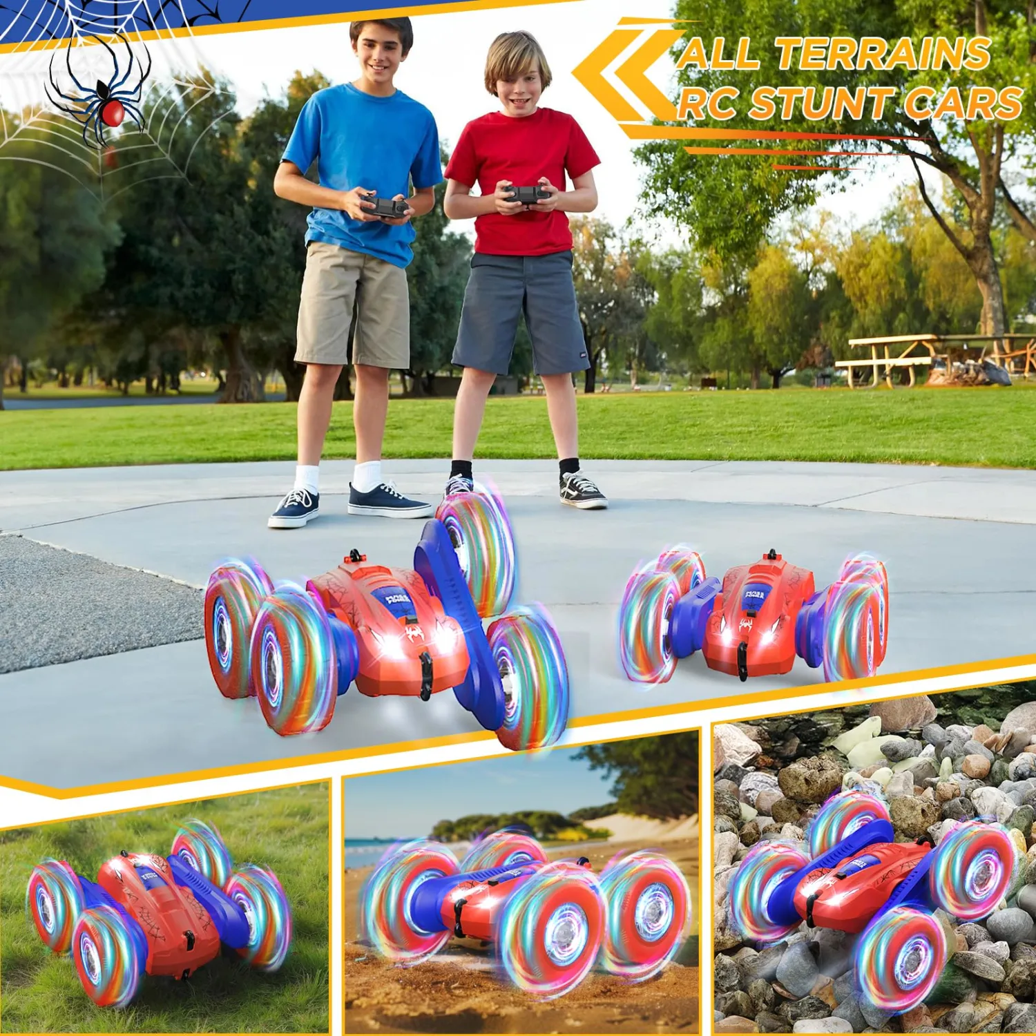 Spider RC Cars Double-Sided Driving 360° Flips Rotating 4WD with Lights for Kids Ages 4-7 8-12 Year Old, Remote Control Stunt Car Toys for Boys and Girls Xmas Gift