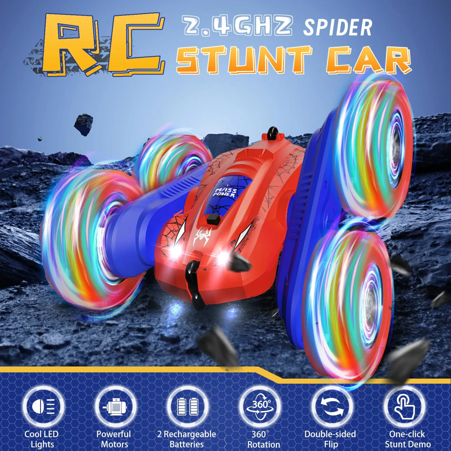 Spider RC Cars Double-Sided Driving 360° Flips Rotating 4WD with Lights for Kids Ages 4-7 8-12 Year Old, Remote Control Stunt Car Toys for Boys and Girls Xmas Gift