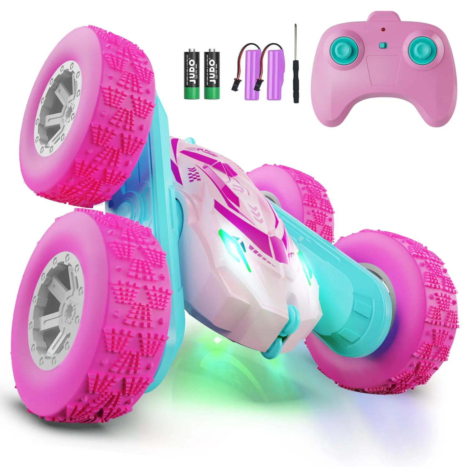 Remote Control Car for Girls, RC Cars with Headlights Double-Sided Driving 360° Flips Rotating for Kids Ages 4-7 8-12 Year Old, RC Stunt Car Toys for Boys and Girls Birthday Gift Pink