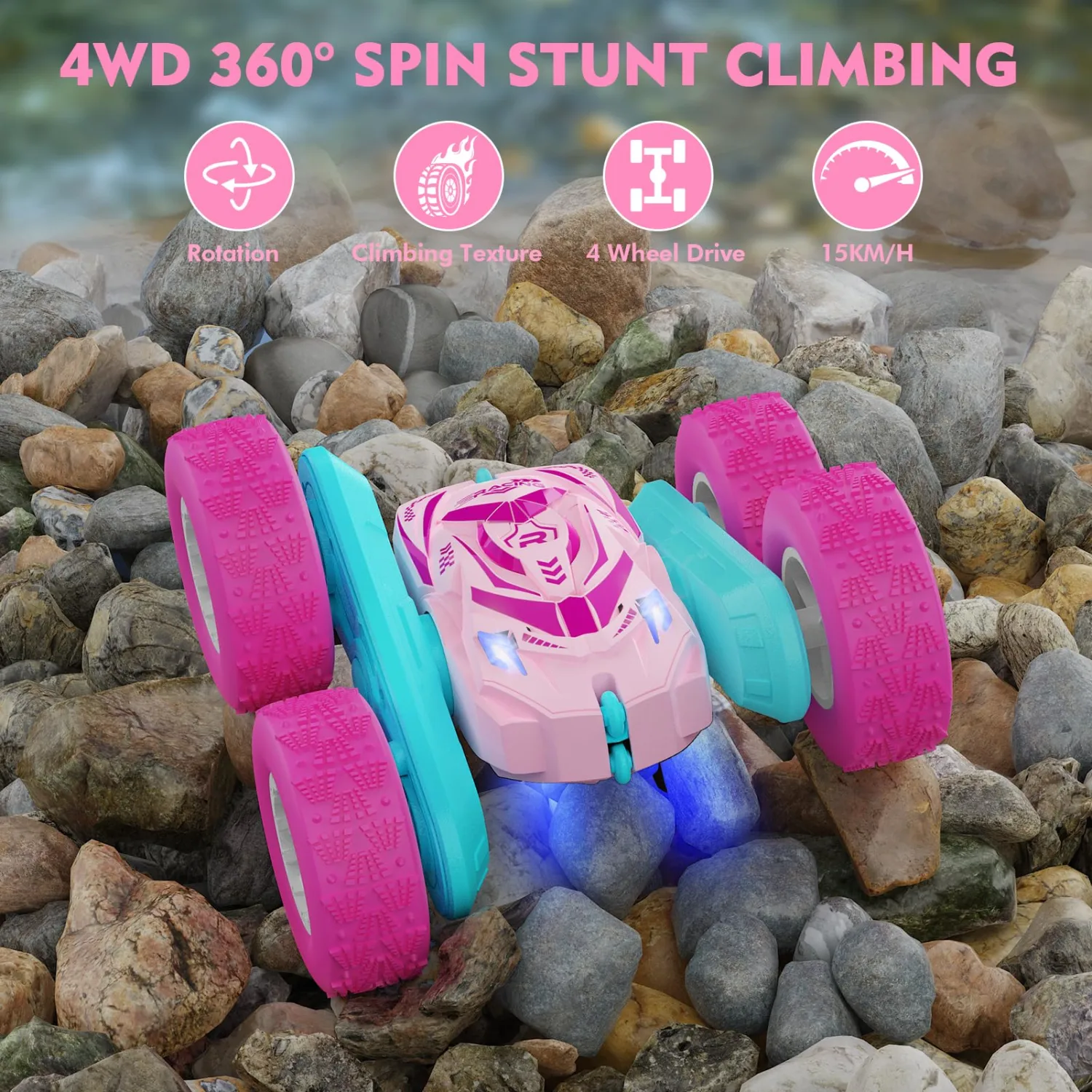 Remote Control Car for Girls, RC Cars with Headlights Double-Sided Driving 360° Flips Rotating for Kids Ages 4-7 8-12 Year Old, RC Stunt Car Toys for Boys and Girls Birthday Gift Pink