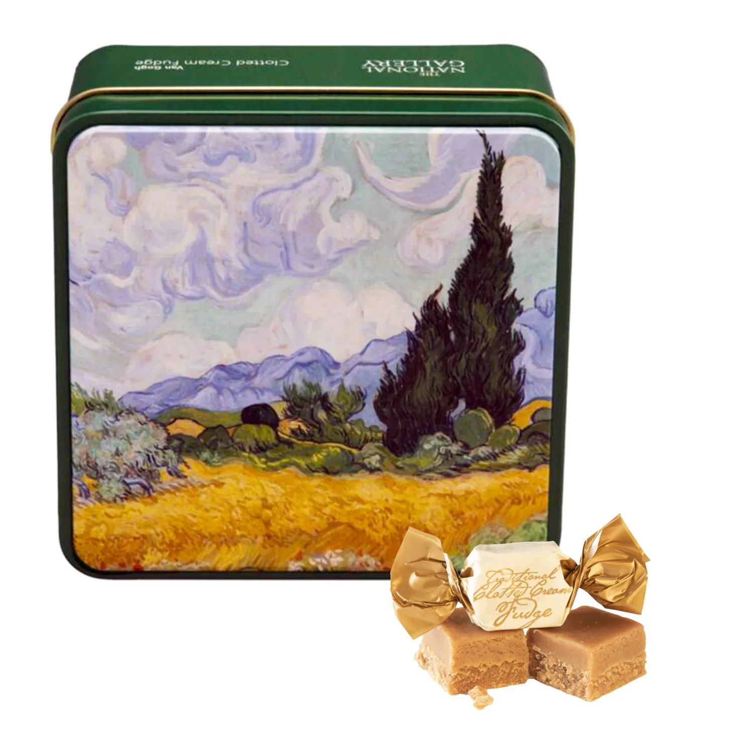 Gardiners of Scotland Handmade Fudge 120g Square Tin, Van Gogh Wheatfield & Cypresses Clotted Cream Fudge