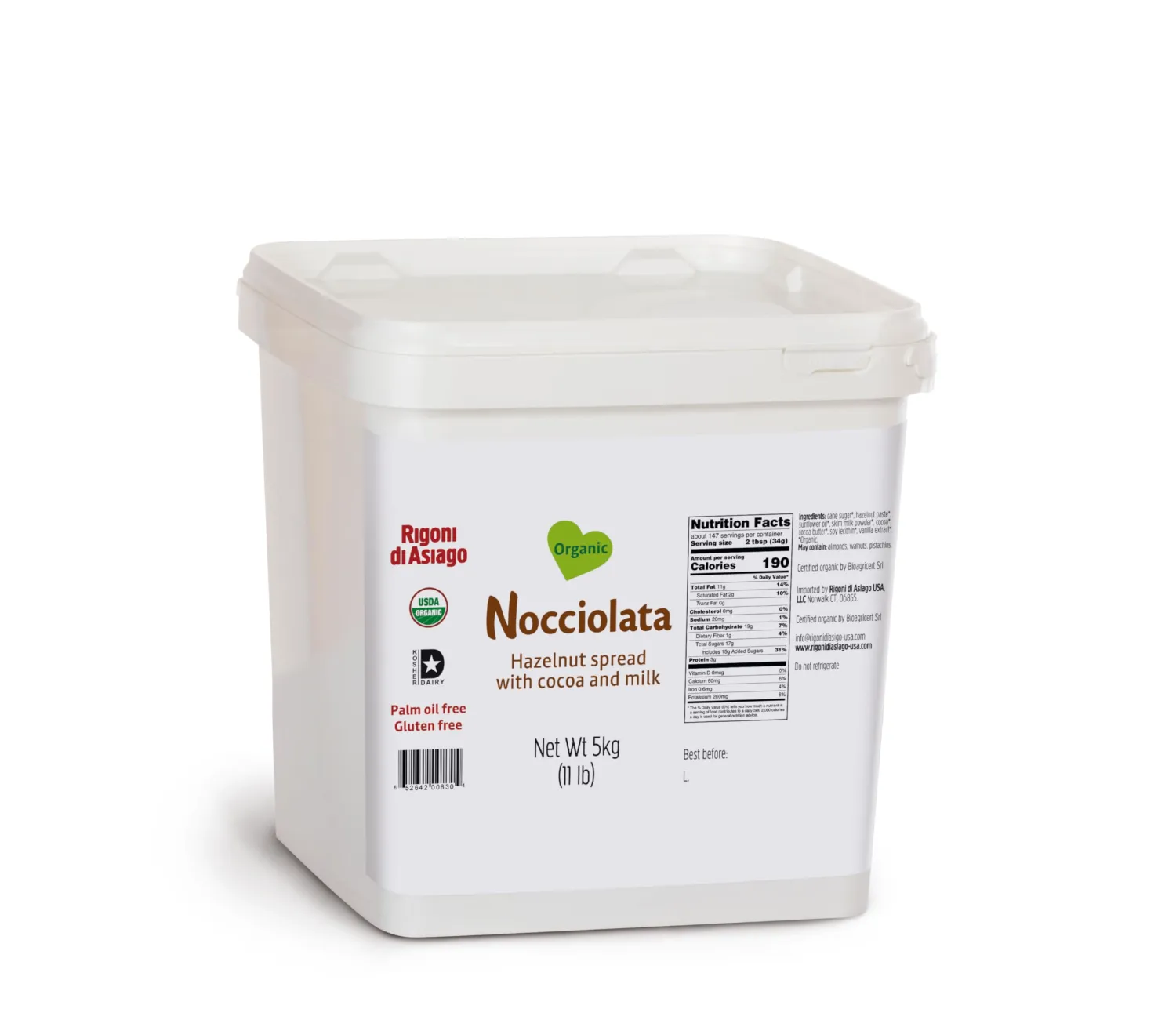 Rigoni di Asiago Nocciolata Organic Hazelnut Spread with Cocoa & Milk Foodservice, 5.5 Pound (Pack of 1)