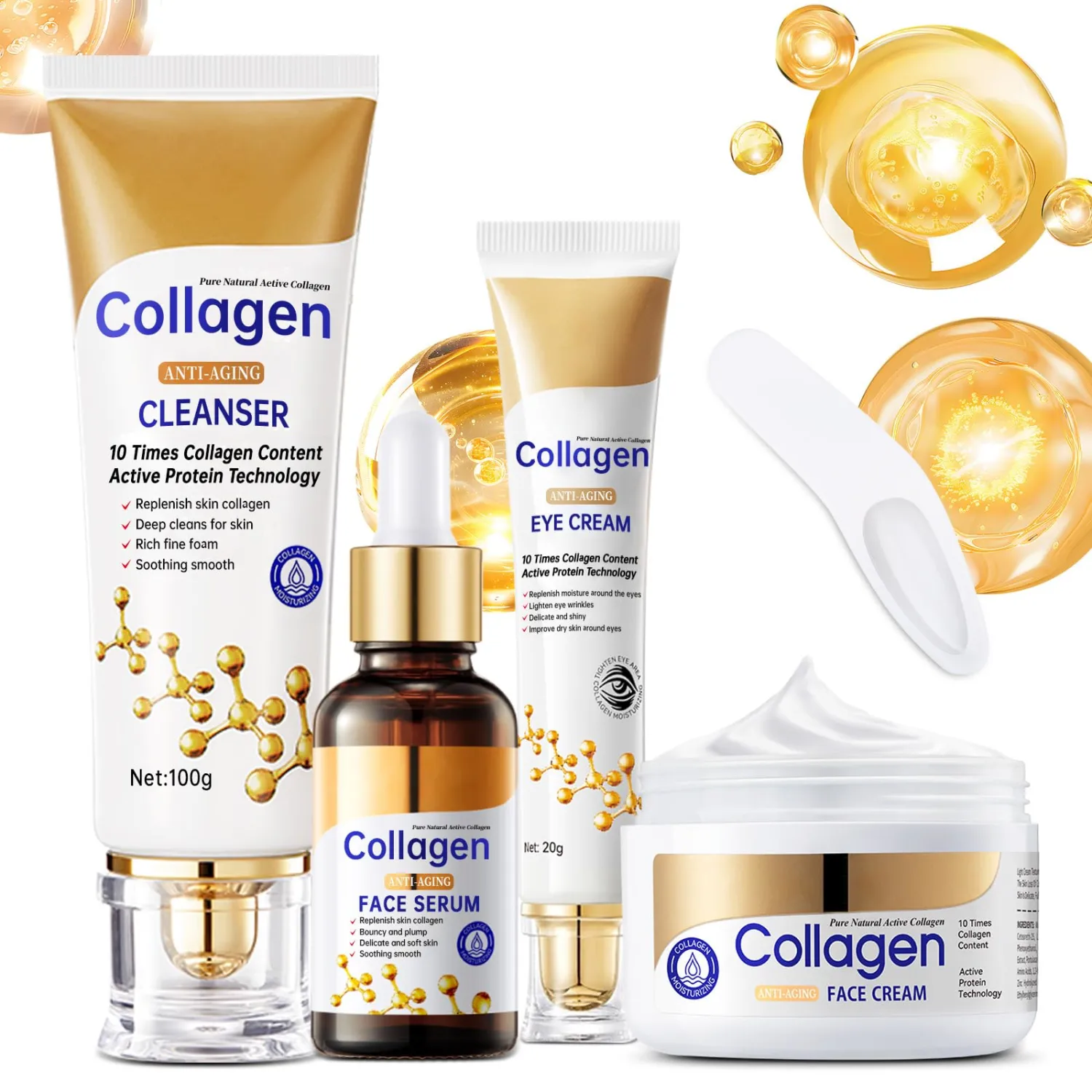 Collagen Skin Care Set, Anti Aging Skincare Set for Reduce Wrinkles, Shrink Pores, Smooth Fine Lines, Hydrating, 4 Pcs Travel Skincare Kits for Women with Cleanser, Serum, Cream, Eye Cream.