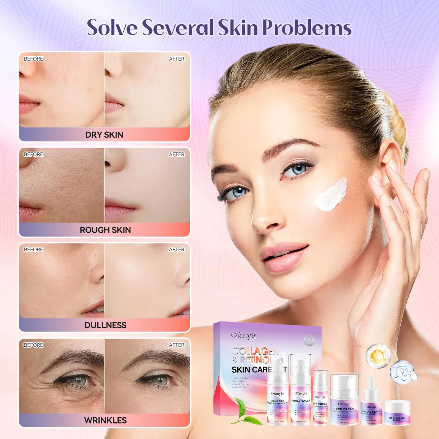 Collagen Retinol Skin Care Set, 6 In 1 Skincare Gift Set with Facial Cleanser, Toner, Serum, Cream, Eye Cream & Lip Mask, Anti Aging Skin Care Set for Women, Travel Skin Care Christmas Gifts for Women