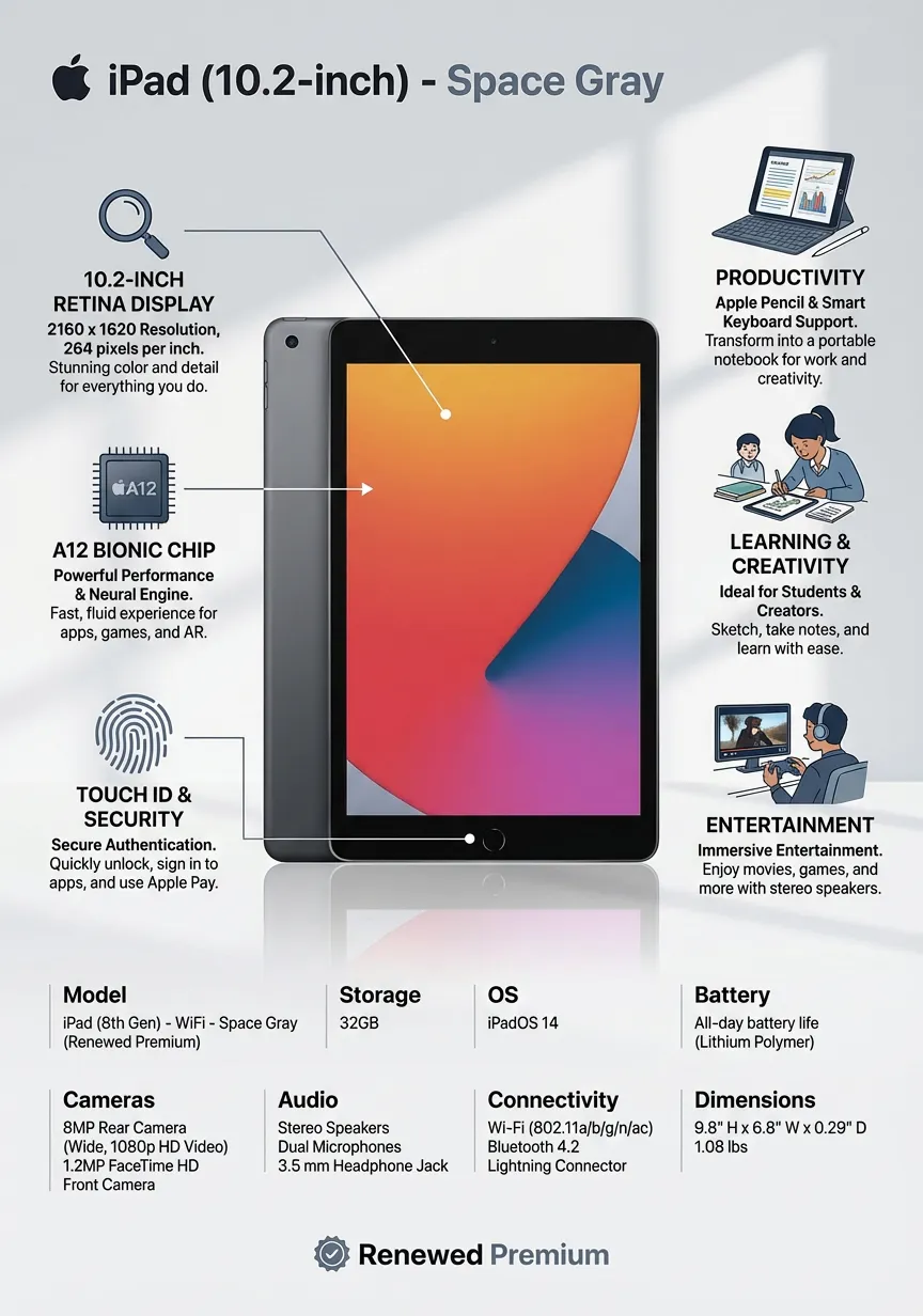 2020 Apple iPad (10.2-inch, WiFi, 32GB) - Space Gray (Renewed Premium)