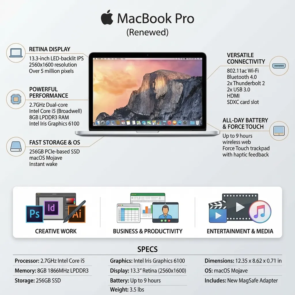 Apple MacBook Pro 256GB Wi-Fi Laptop 13.3in with Intel Core i5 MF840LL/A - Silver (Renewed)