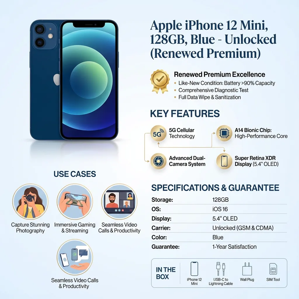 Apple iPhone 12 Mini, 128GB, Blue - Unlocked (Renewed Premium)