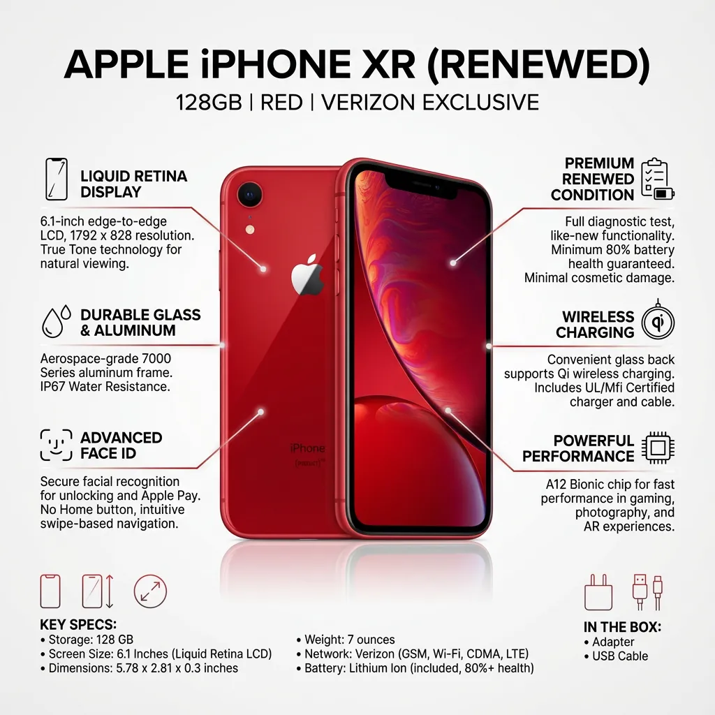 Apple iPhone XR, 128GB, Red - For Verizon (Renewed)