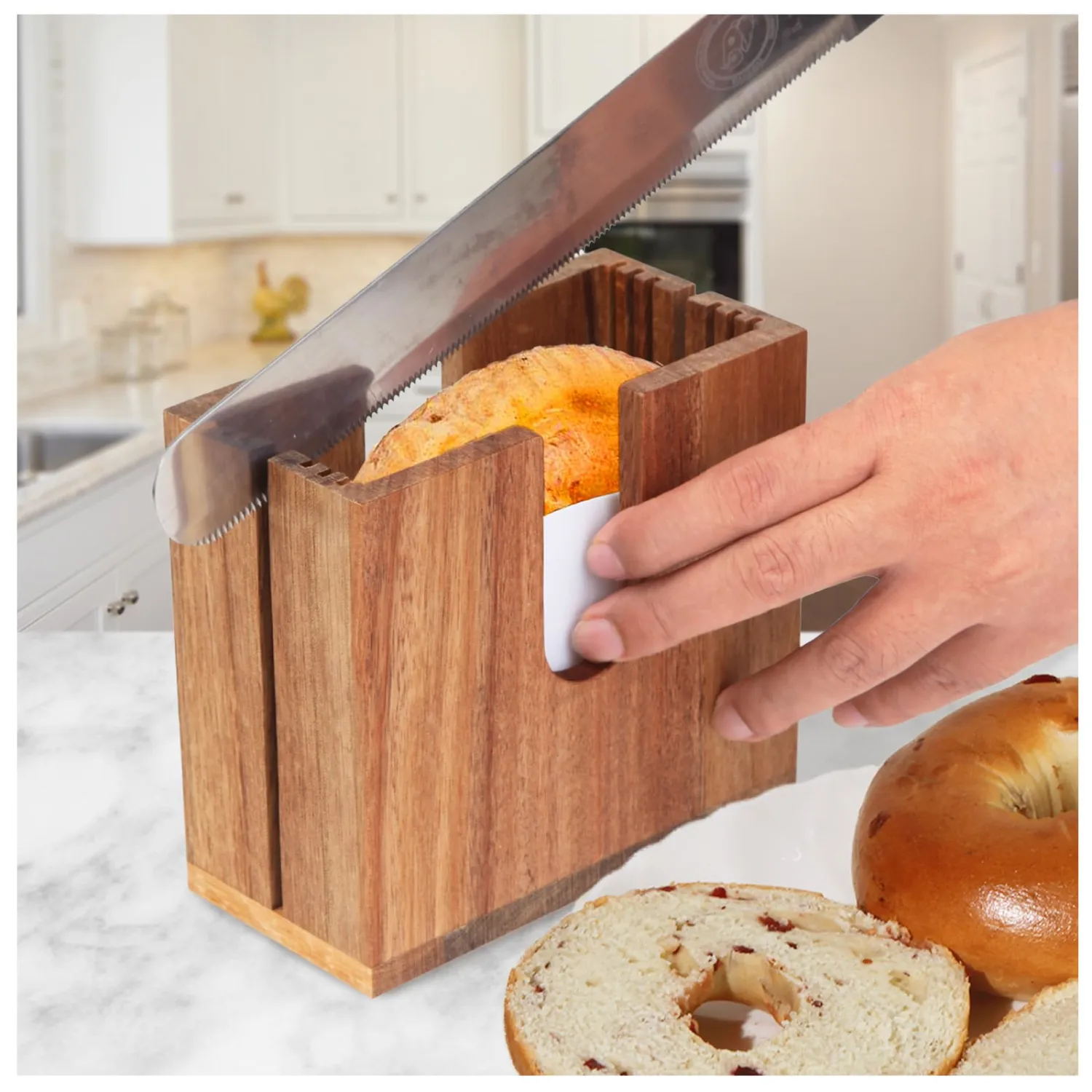 Large Acacia Adjustable Bagel Slicer Holder, Bagel Cutter for Small and Large Bagels, Bread Slicer for Buns, English Muffins