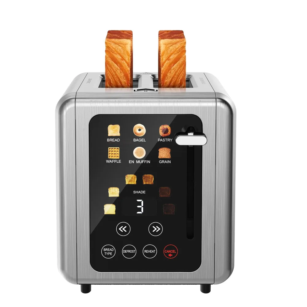 Touch screen Toasters 2 slice, Stainless Steel Digital Timer Toaster with Sound Function, 6 Bread Types & 6 Shade Settings, Smart Extra Wide Slots Toaster with Bagel, Defrost Functions