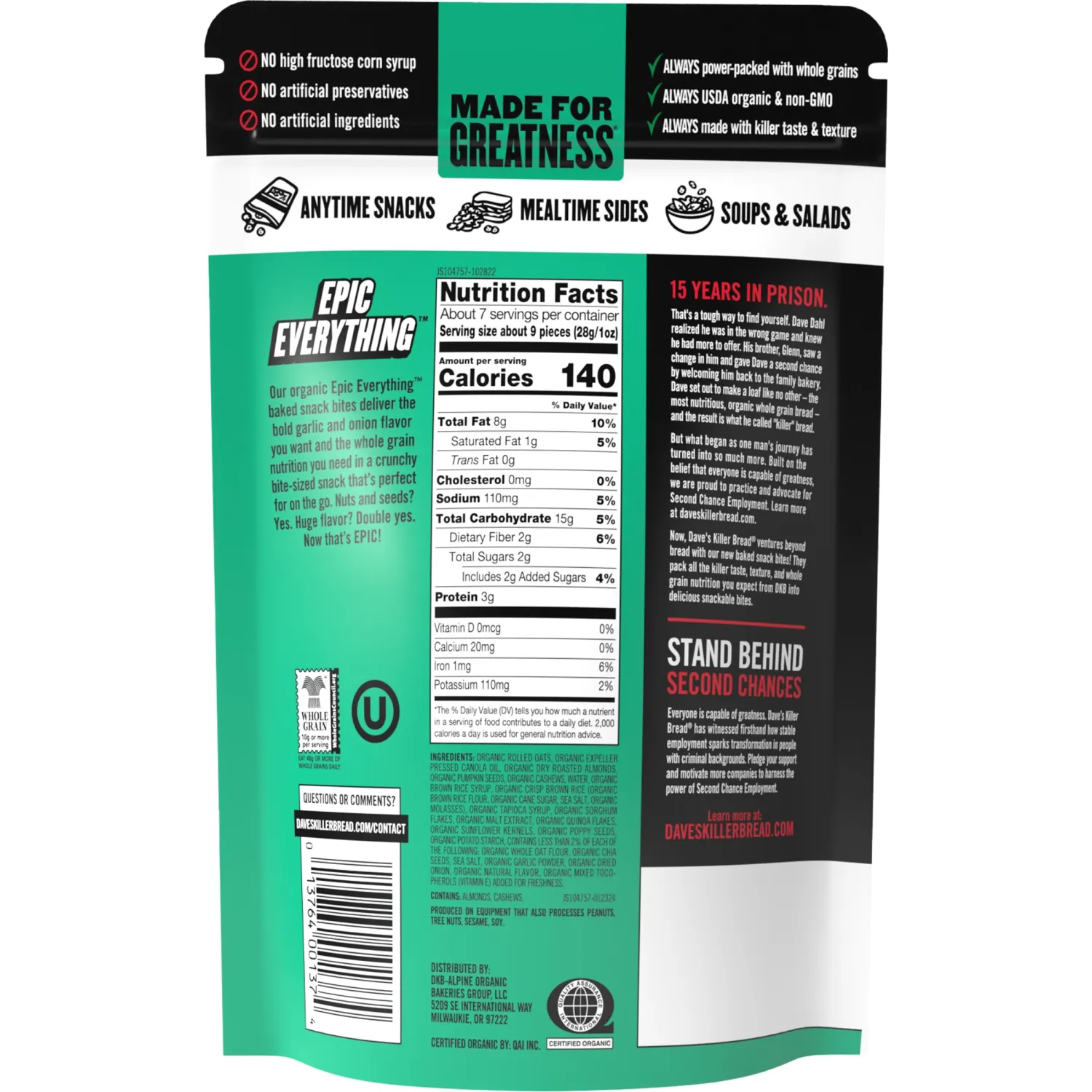 Dave's Killer Bread Epic Everything Organic Snack Bites, Everything Flavor Organic Snacks, 7.2 oz