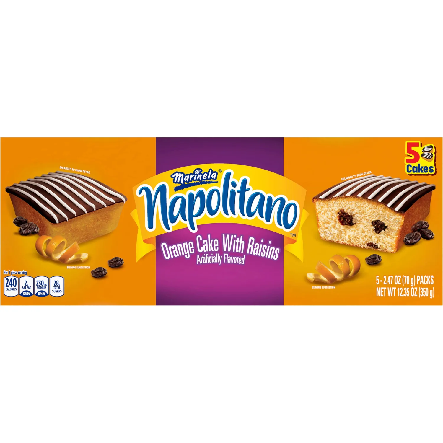 Marinela Napolitano Orange Cake with Raisins, 5 individual packs, (2.47 oz each), Snack Cakes, 12.35 oz Box