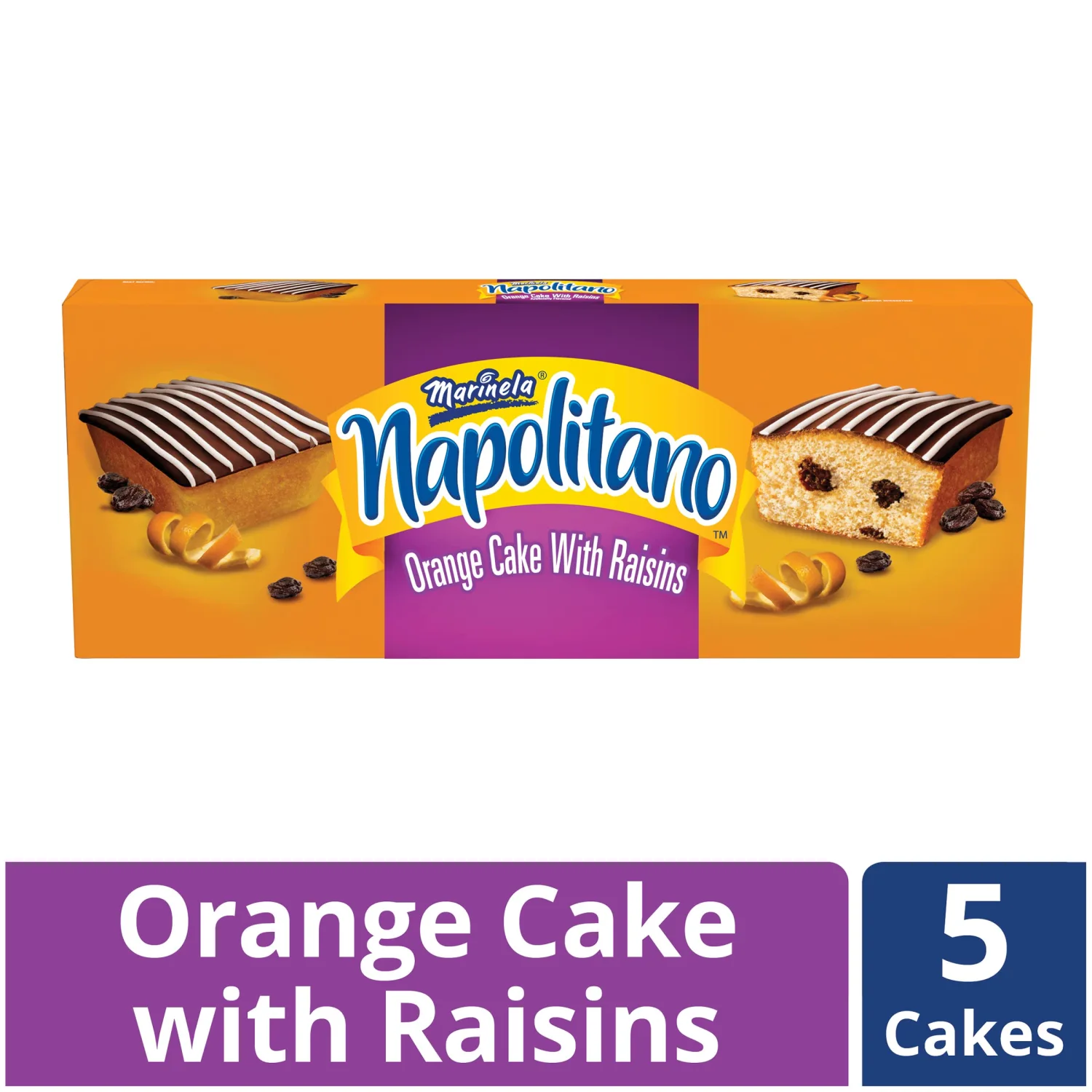 Marinela Napolitano Orange Cake with Raisins, 5 individual packs, (2.47 oz each), Snack Cakes, 12.35 oz Box