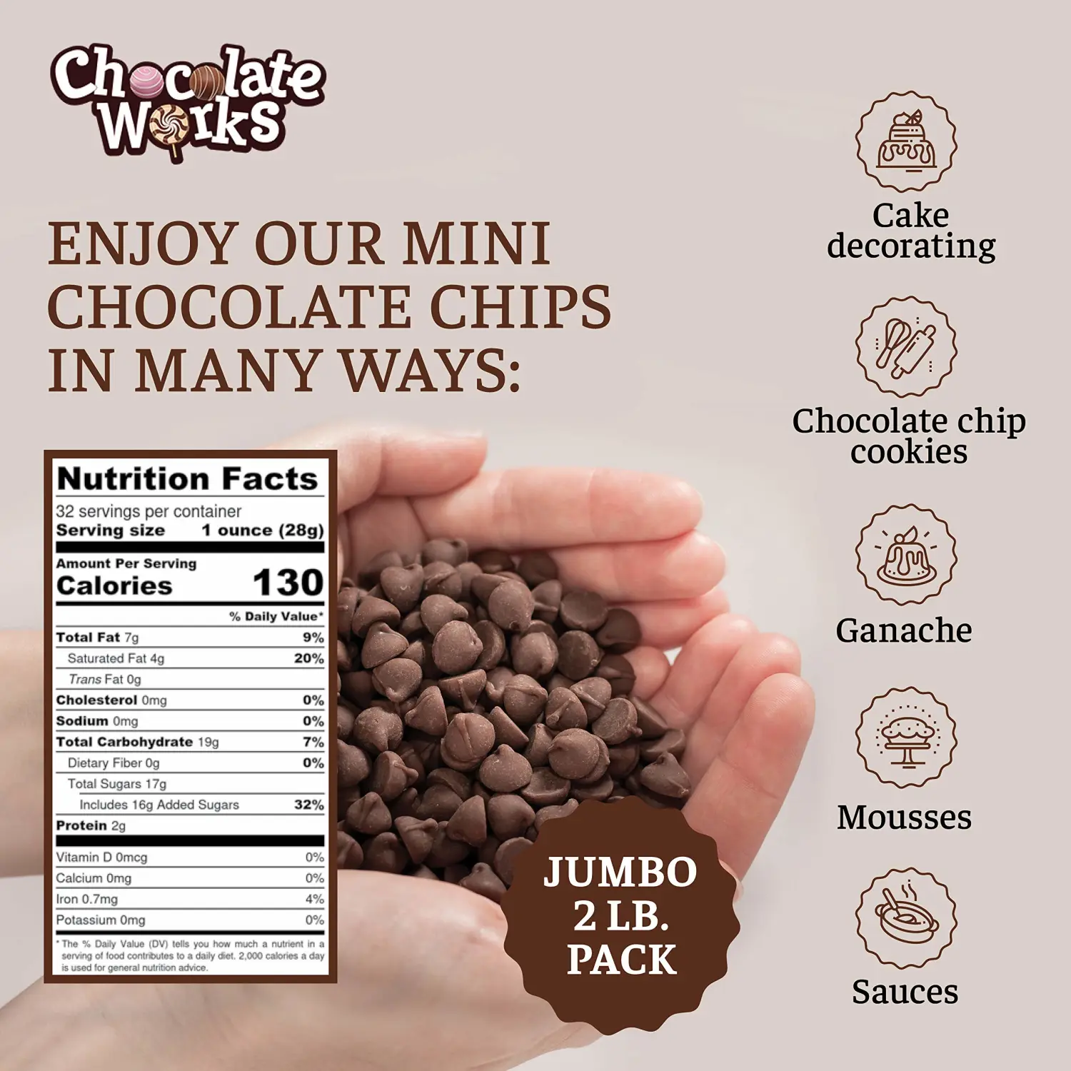 Semi-Sweet Mini Chocolate Chips by Chocolate Works | 2 LB Jumbo Pack | Great for Baking, Melting, Cooking & More | Dairy Free | Kosher Parve / Halal Certified | Vegan