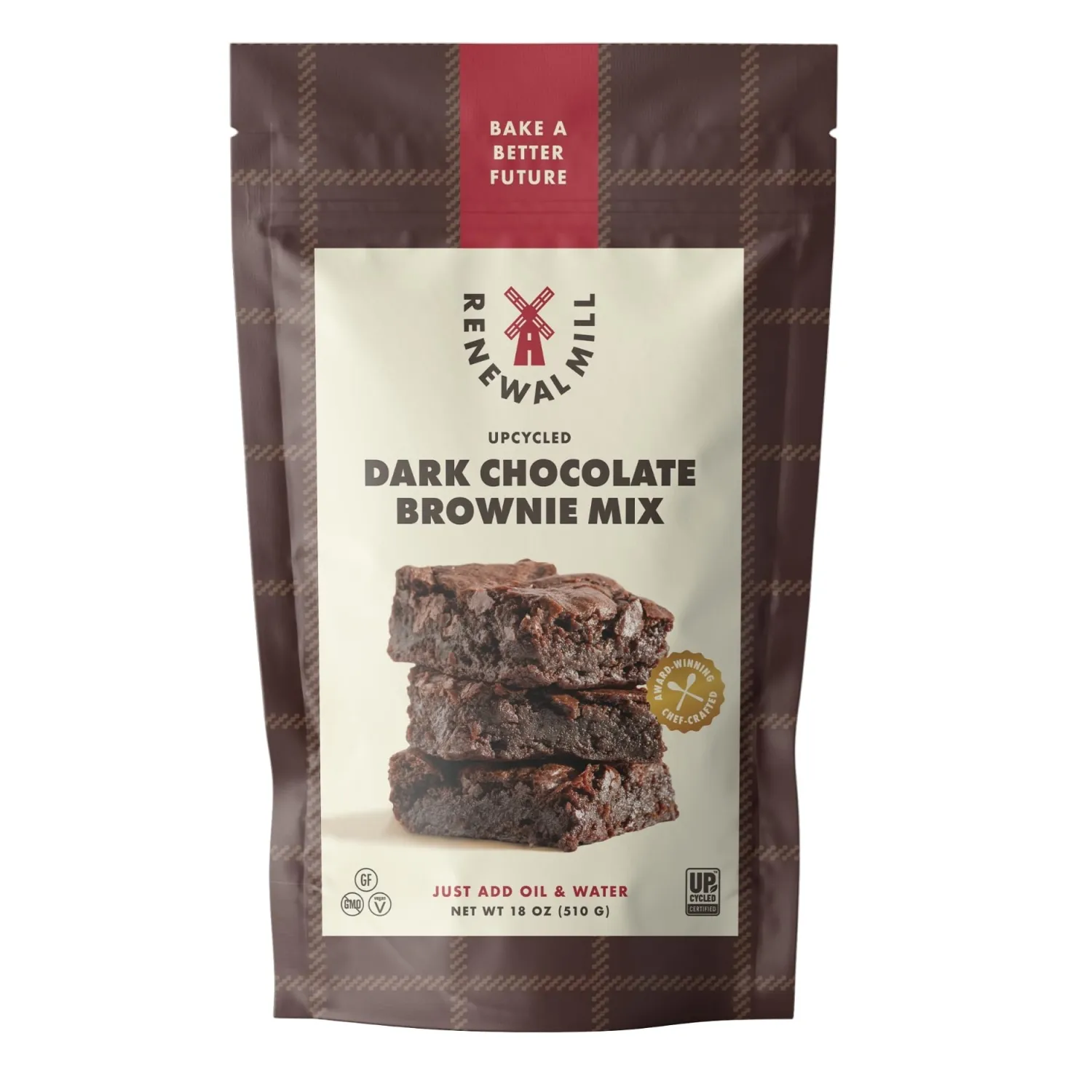 Renewal Mill Dark Chocolate Brownie Mix 18 oz, Gluten-Free, Vegan, Non-GMO, Upcycled Ingredients I Easy to Make in One Bowl, Only Requires Oil and Water, Kid-Friendly | Packaging May Vary