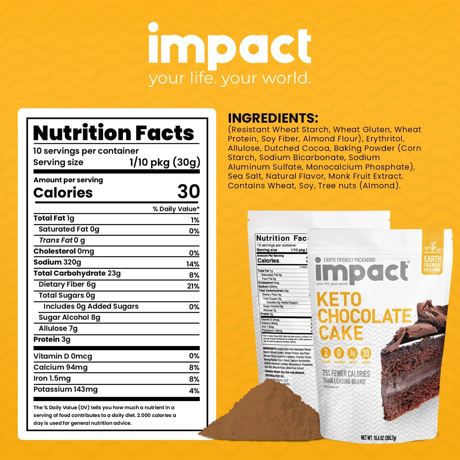 Impact - Cocoa - Keto Chocolate Cake Mix Low-Carb Bliss Moist & Decadent Made with Almond Flour Resistant Wheat Starch Ideal for Desserts 10.6oz Pouch
