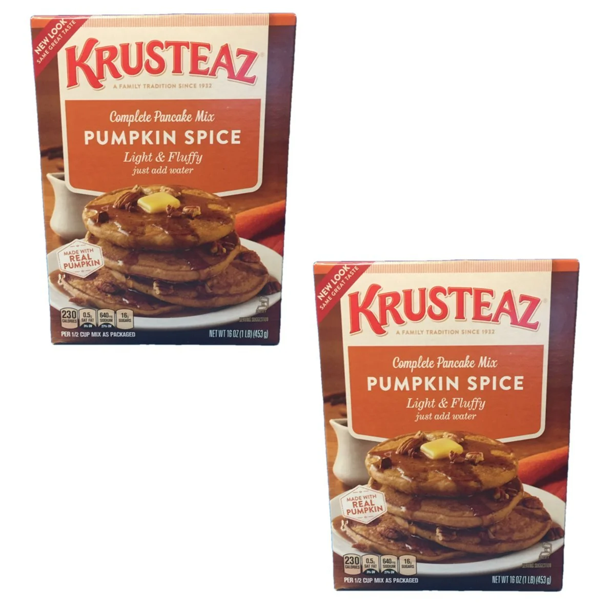 Krusteaz Baking Mix, Pumpkin Spice Complete Pancake Mix, Light & Fluffy, Made with Real Pumpkin & No Artificial Flavors or Preservatives, 16 OZ Box (Pack of 2)