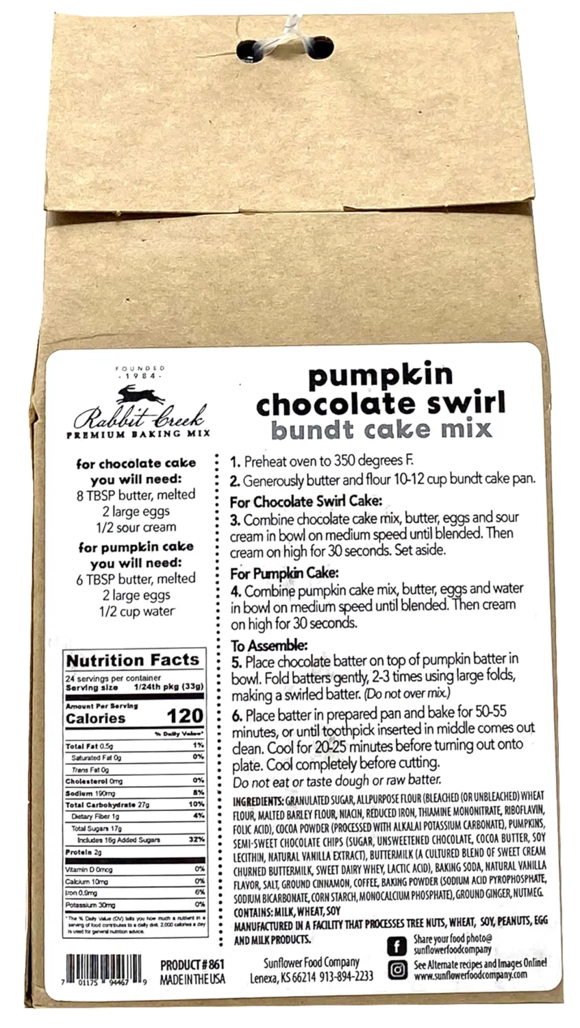 Rabbit Creek Pumpkin Chocolate Swirl Bundt Cake Mix – Easy To Make Bundt Cake Mix, Pumpkin Cake Mix, Made in the USA