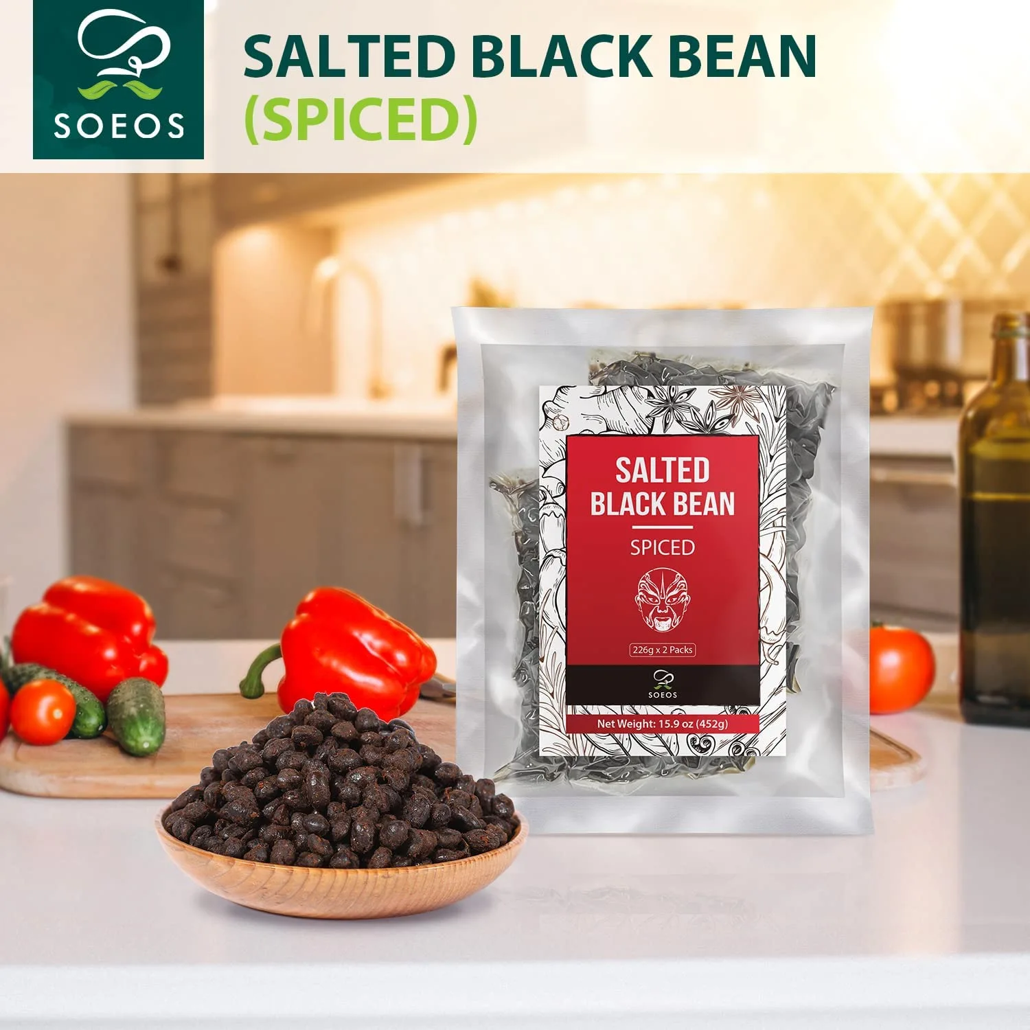 Soeos Chinese Douchi, Fermented Black Beans, 15.94 oz (452g), 2 Packs of 226g Each