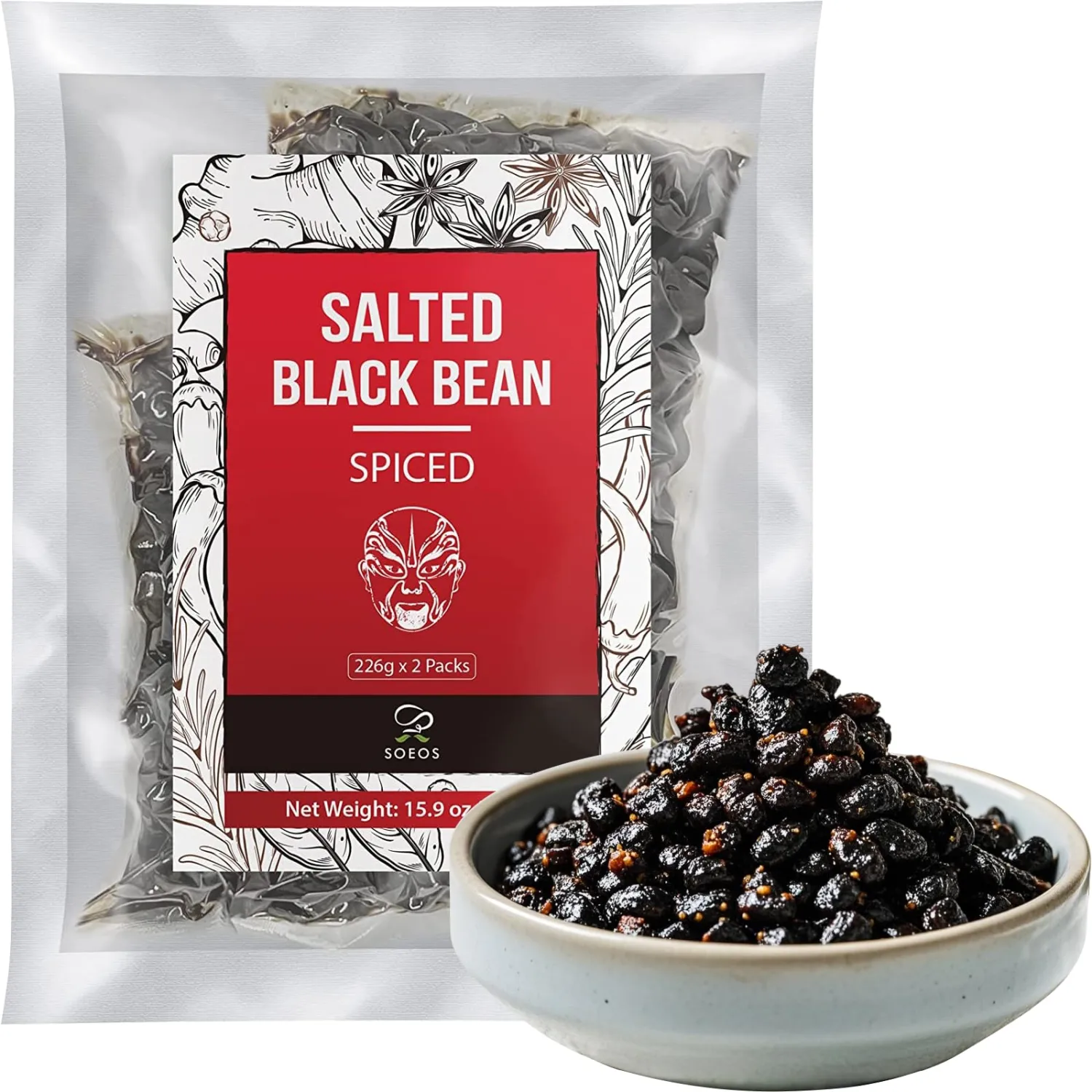 Soeos Chinese Douchi, Fermented Black Beans, 15.94 oz (452g), 2 Packs of 226g Each
