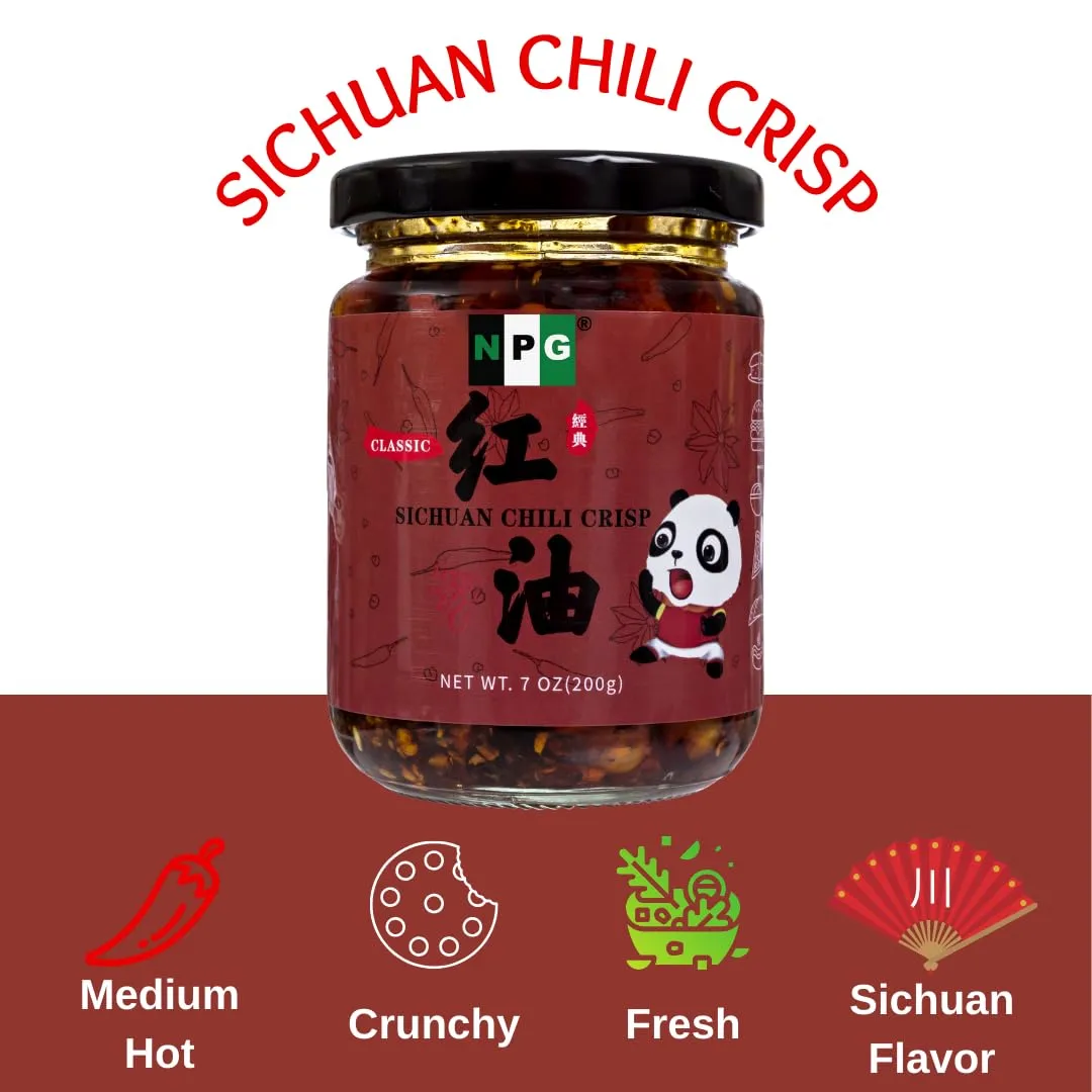NPG Classic Sichuan Chili Crisp 7 Oz, Medium Heat, Crunchy Fried Peppers Ready to Eat Sauce for Noodle Mix, Topping, Dipping, Premium Sichuan Condiment with Spicy Kick