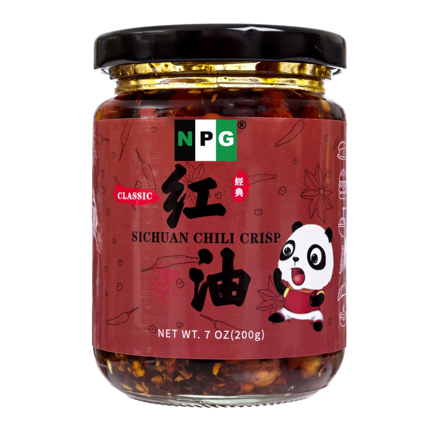 NPG Classic Sichuan Chili Crisp 7 Oz, Medium Heat, Crunchy Fried Peppers Ready to Eat Sauce for Noodle Mix, Topping, Dipping, Premium Sichuan Condiment with Spicy Kick