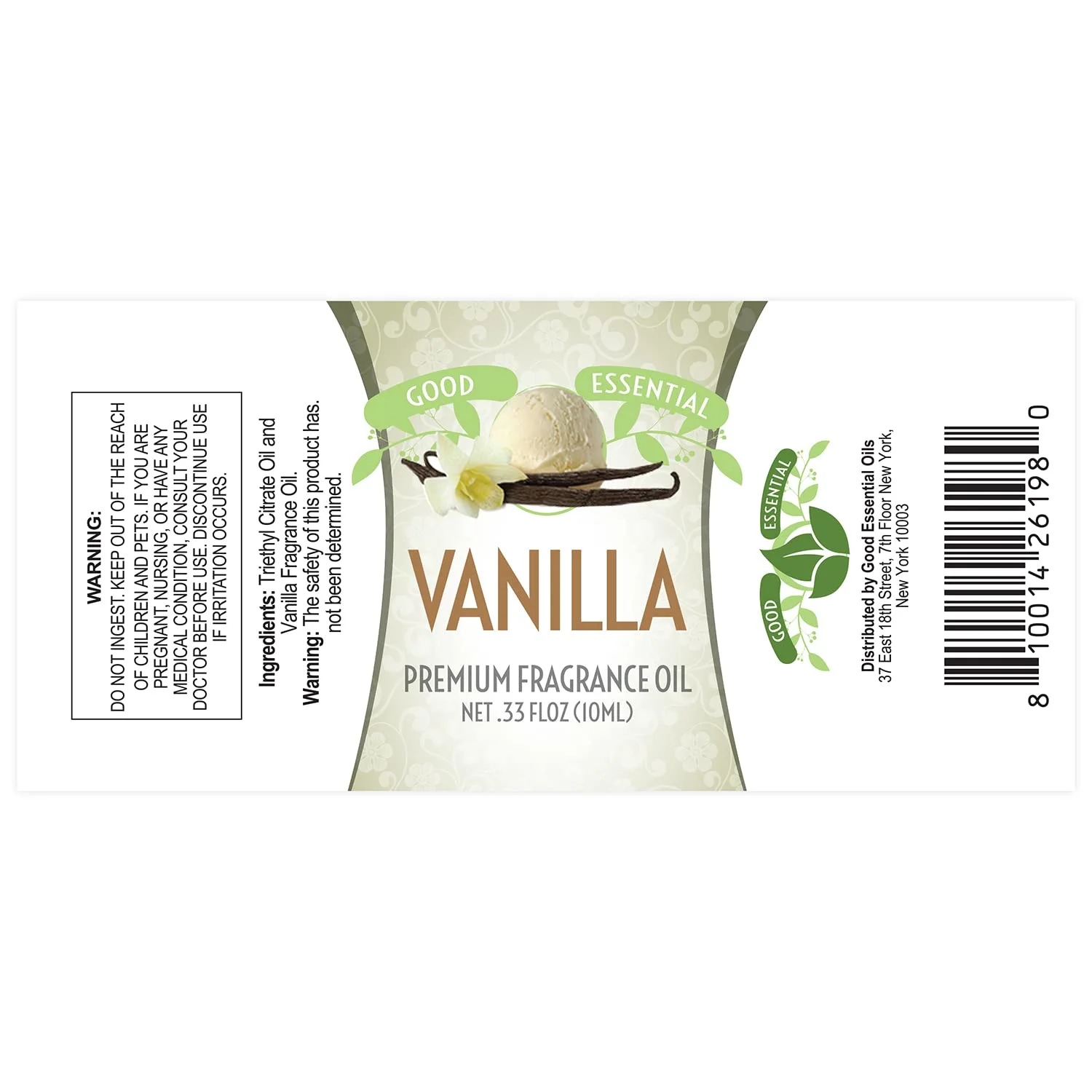 Good Essential Professional Vanilla Fragrance Oil 10 ml (0.33 fl oz) for Candles, Soaps, Perfume, Home Fragrance, Vanilla Diffuser Oil, and Body Lotion