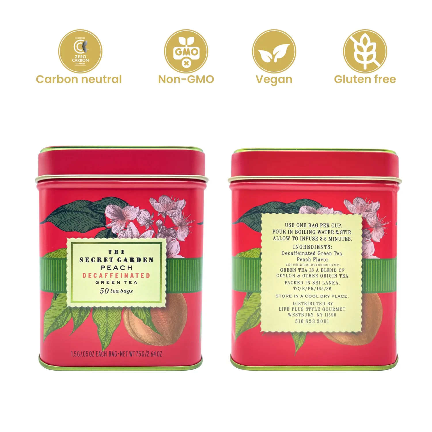 Premium Decaf Peach Herbal Green Tea Bags 50 Pack Designer Tin, Eco-Friendly, Sugar Free, Keto & Diabetic Friendly Full Bodied Aromatic Flavor Family Share Size Bulk Teabags (50-Count)
