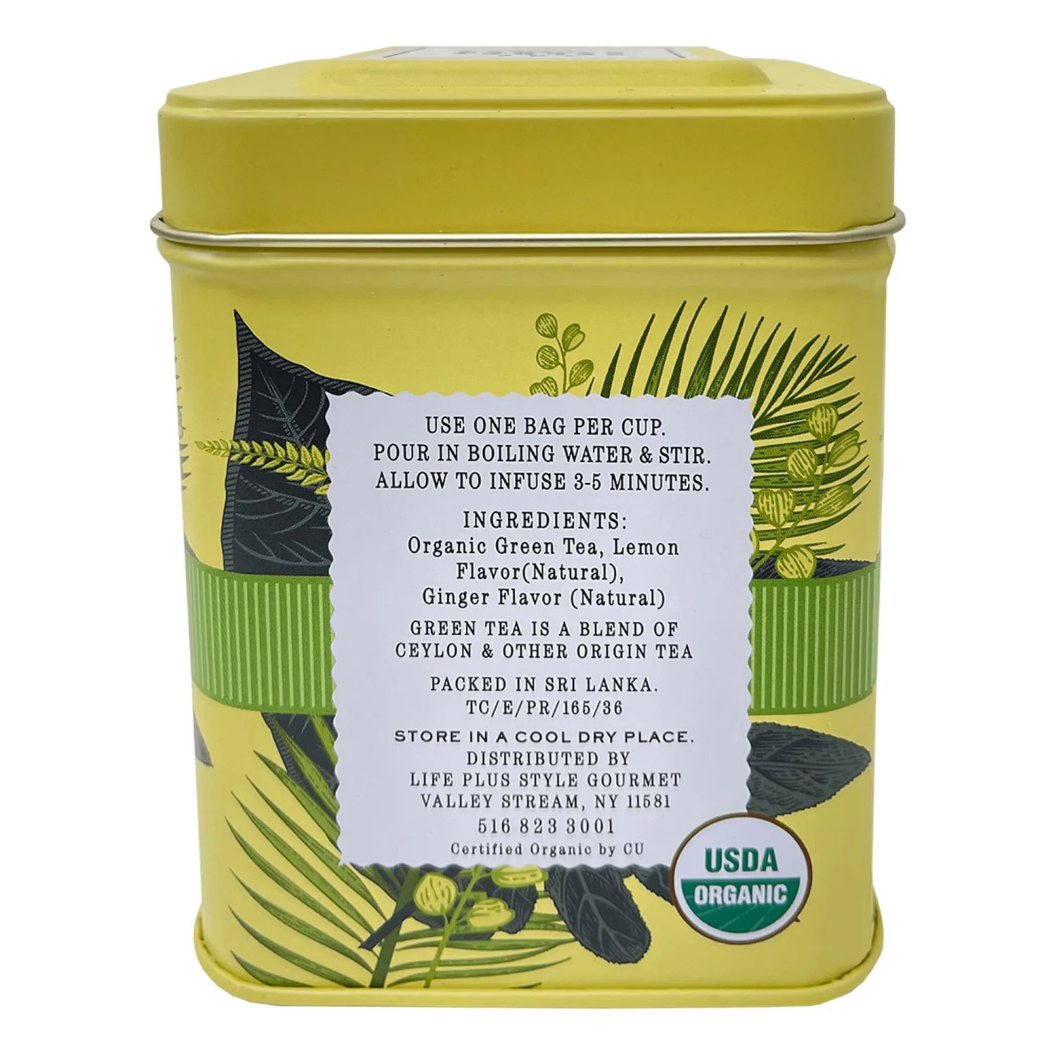 Organic Lemon Ginger Ceylon Green Tea - 50 Packets - Natural Antioxidant Rich Herbal Leaf Teabags - USDA Certified 100% Non-GMO - Caffeinated Premium Designer Tin