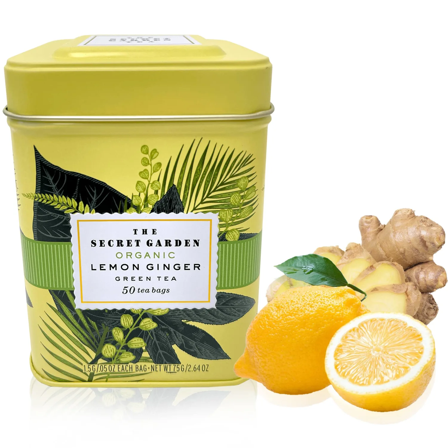 Organic Lemon Ginger Ceylon Green Tea - 50 Packets - Natural Antioxidant Rich Herbal Leaf Teabags - USDA Certified 100% Non-GMO - Caffeinated Premium Designer Tin