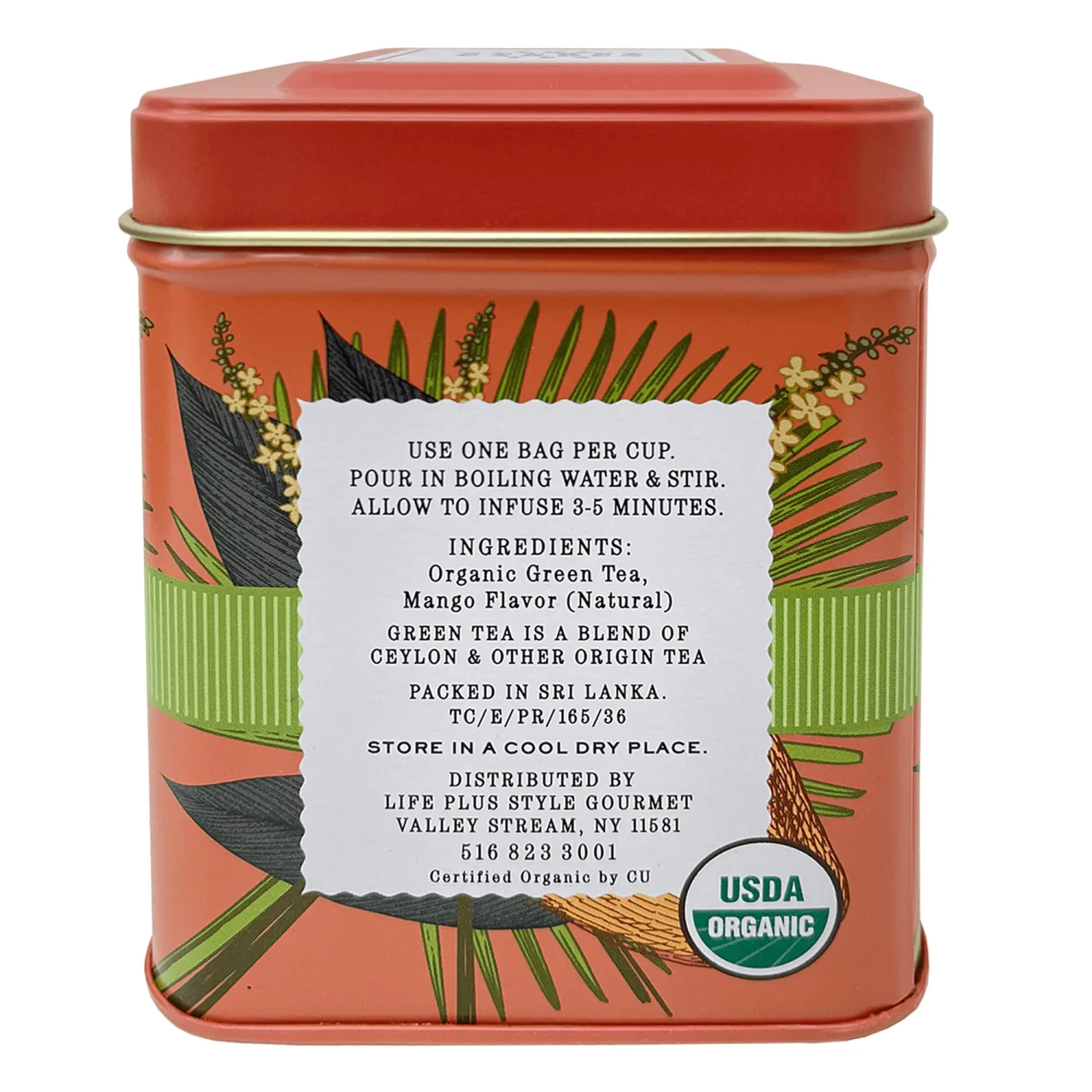 Organic Ceylon Mango Green Tea - 50 Packets - Natural Antioxidant Rich Herbal Leaf Teabags - USDA Certified 100% Non-GMO - Caffeinated Premium Gift Tin