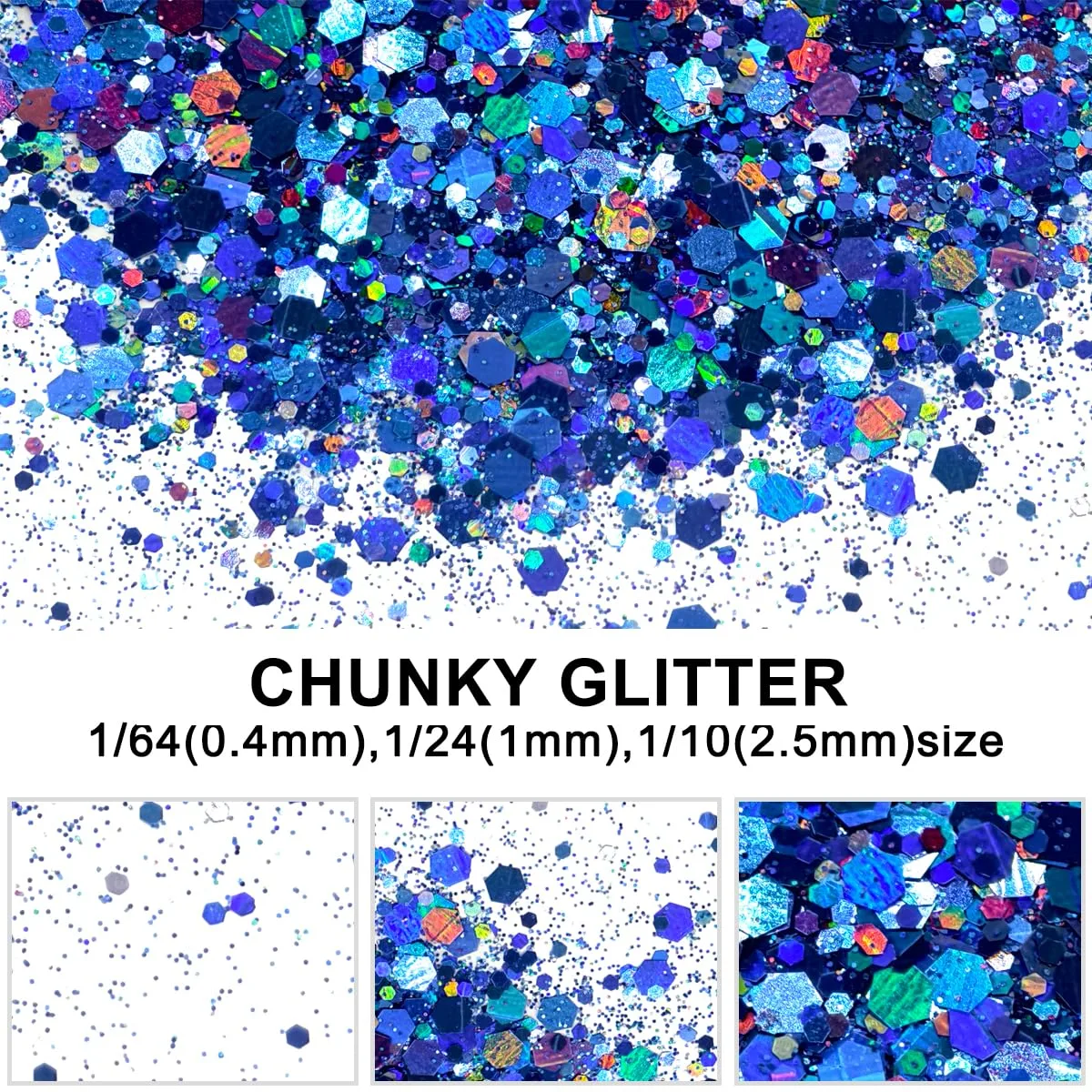 Royal Blue - Holographic - Craft Glitter - 2oz Glitter Shaker Bright Colorful Mix Chunky Body Glitter Bulk - 24 Colors in Shaker, Cosmetic Grade Glitter - EBKC709
