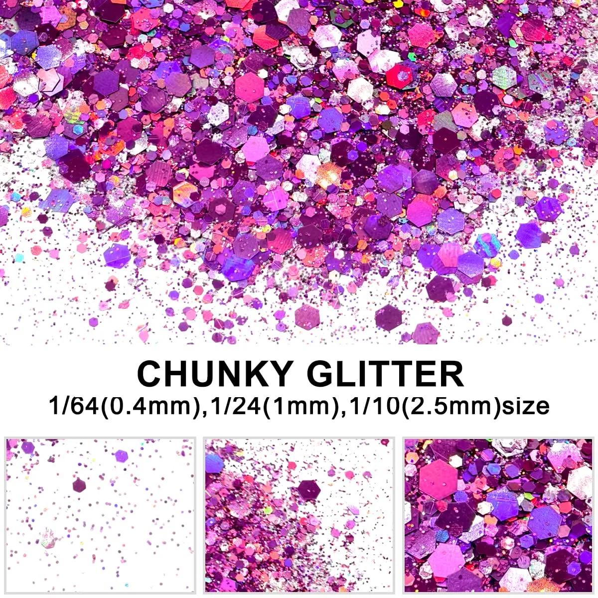 Ultra Pink - Holographic Craft Glitter - 2oz Glitter Shaker Bright Colorful Mix Chunky Body Glitter Bulk - 24 Colors in Shaker, Cosmetic Grade Glitter - EBLB901