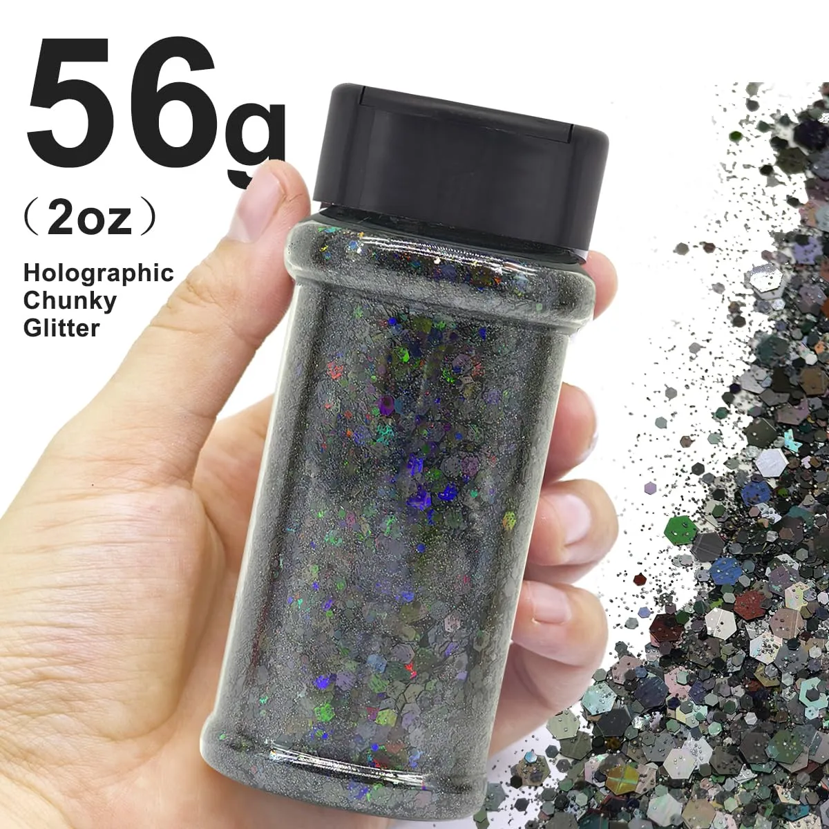 Black - Craft Glitter - 2oz Glitter Shaker Bright Colorful Holographic Mix Chunky Body Glitter Bulk Wholesale 24 Colors in Shaker Cosmetic Glitter - EBLB1000