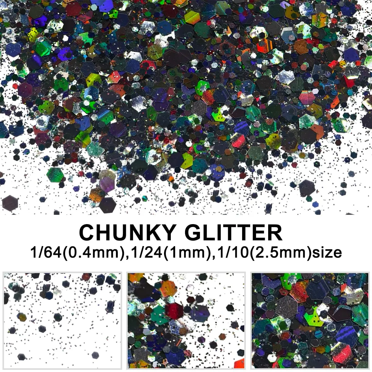 Black - Craft Glitter - 2oz Glitter Shaker Bright Colorful Holographic Mix Chunky Body Glitter Bulk Wholesale 24 Colors in Shaker Cosmetic Glitter - EBLB1000