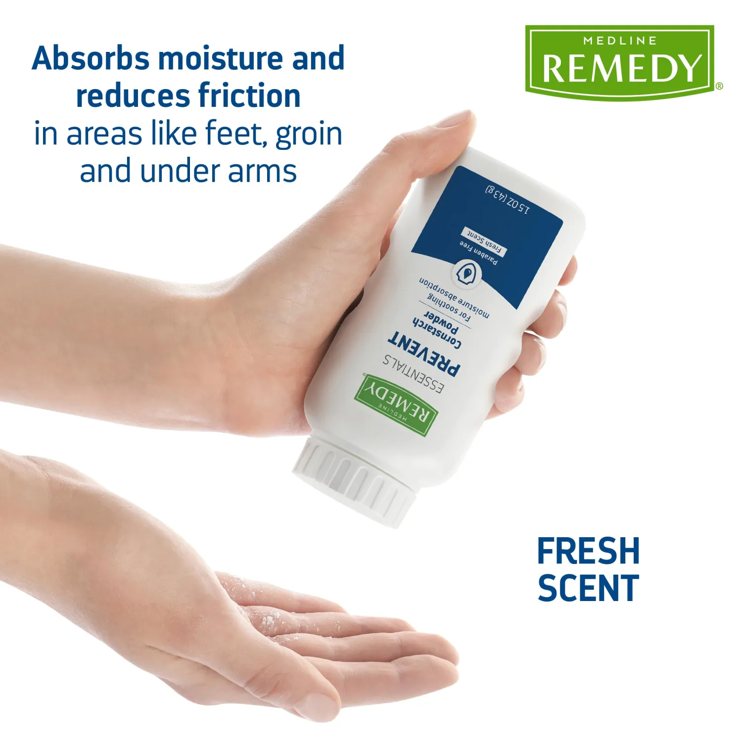 Medline Remedy Essentials Cornstarch Powder (1.5 oz Bottle), Fresh Scent, Talc Free, Travel Size, Skin Care, Absorbs Sweat, Soothes, Reduces Friction & Chafing, for Adults, Feet, Groin
