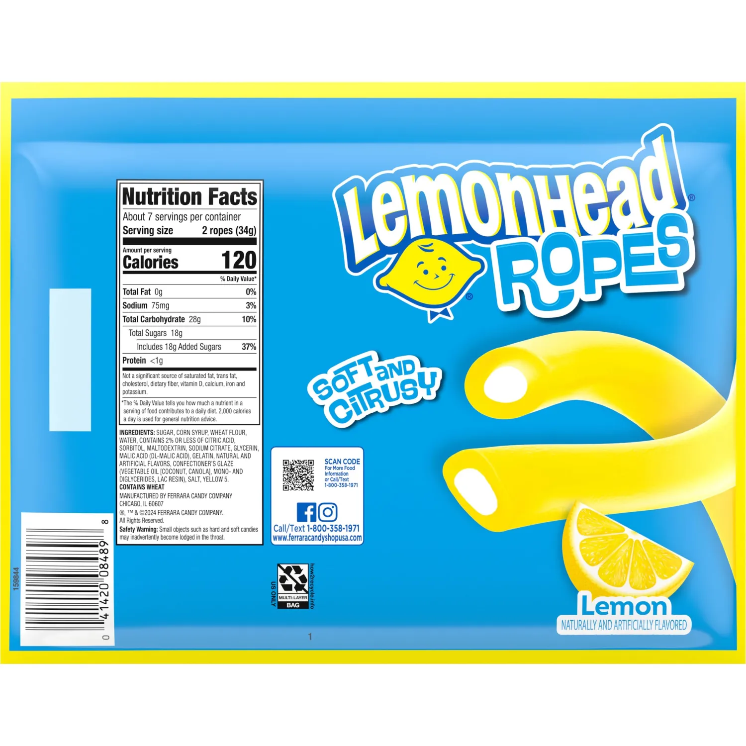 Lemonhead Ropes, Candy, Lemon, Tart and Citrusy, Soft and Chewy, 9 oz