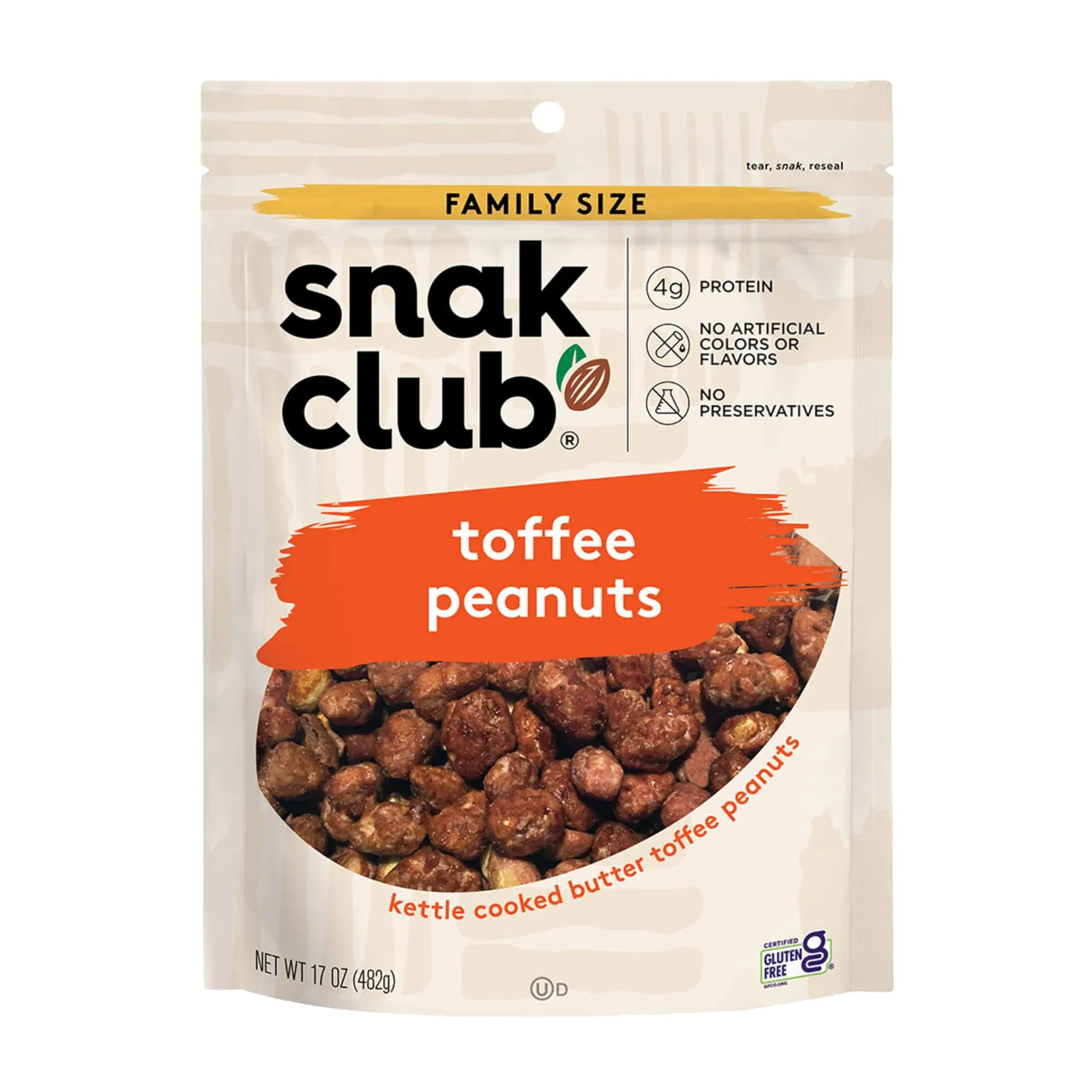 Snak Club Toffee Peanuts, Candied Peanuts with Praline Coat and Sweet Cream, Gluten-Free and Kosher Snack, 17 oz Resealable Bag