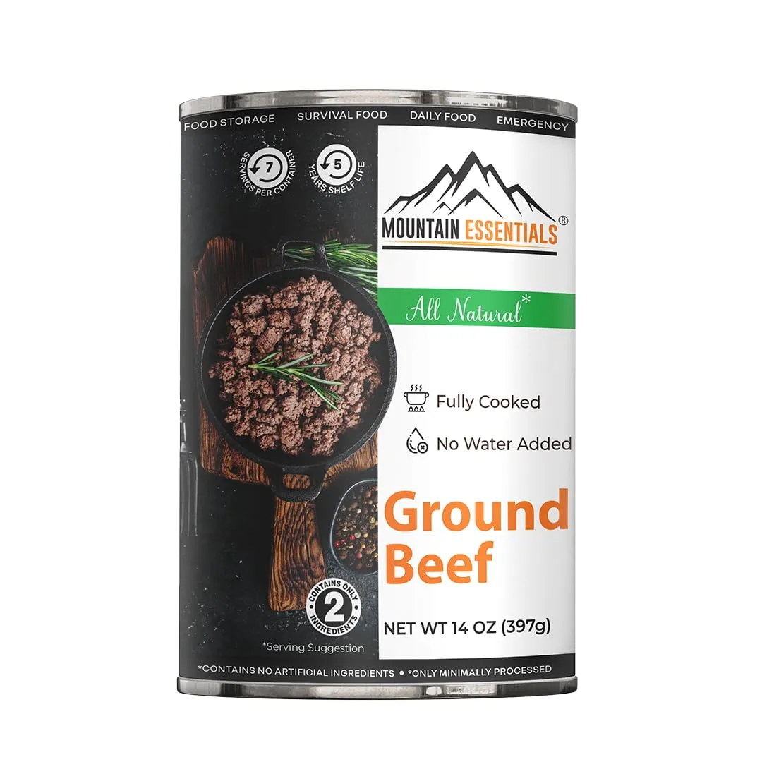 MOUNTAIN ESSENTIALS Fully Cooked Ready-to-Eat Ground Beef 14 Oz All Natural, No Water Added, Recipe Ready Perfect for Quick Meals, Emergency Food, Daily Survival, and No Preservatives Pack of 1