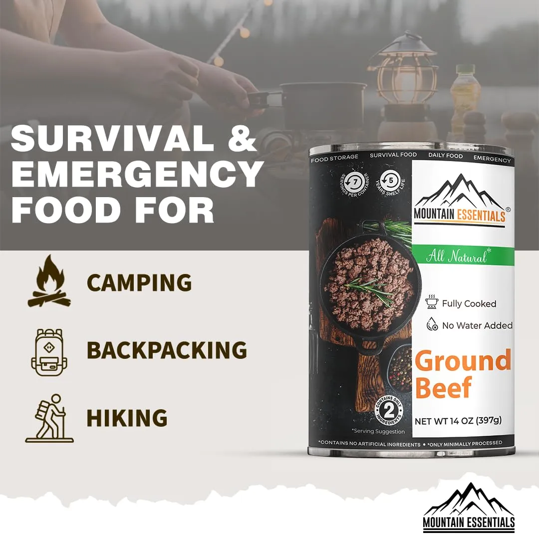 MOUNTAIN ESSENTIALS Fully Cooked Ready-to-Eat Ground Beef 14 Oz All Natural, No Water Added, Recipe Ready Perfect for Quick Meals, Emergency Food, Daily Survival, and No Preservatives Pack of 1