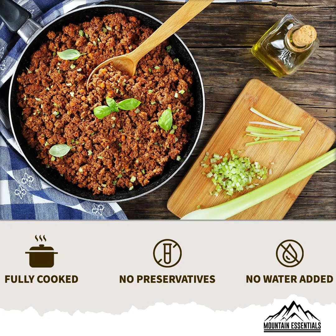 MOUNTAIN ESSENTIALS Fully Cooked Ready-to-Eat Ground Beef 14 Oz All Natural, No Water Added, Recipe Ready Perfect for Quick Meals, Emergency Food, Daily Survival, and No Preservatives Pack of 1