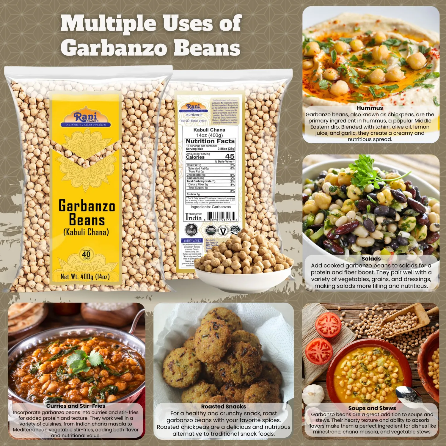 Rani Garbanzo Beans (Kabuli Chana) 14oz (400g) ~ All Natural | Vegan | Gluten Friendly | NON-GMO | Kosher | Indian Origin